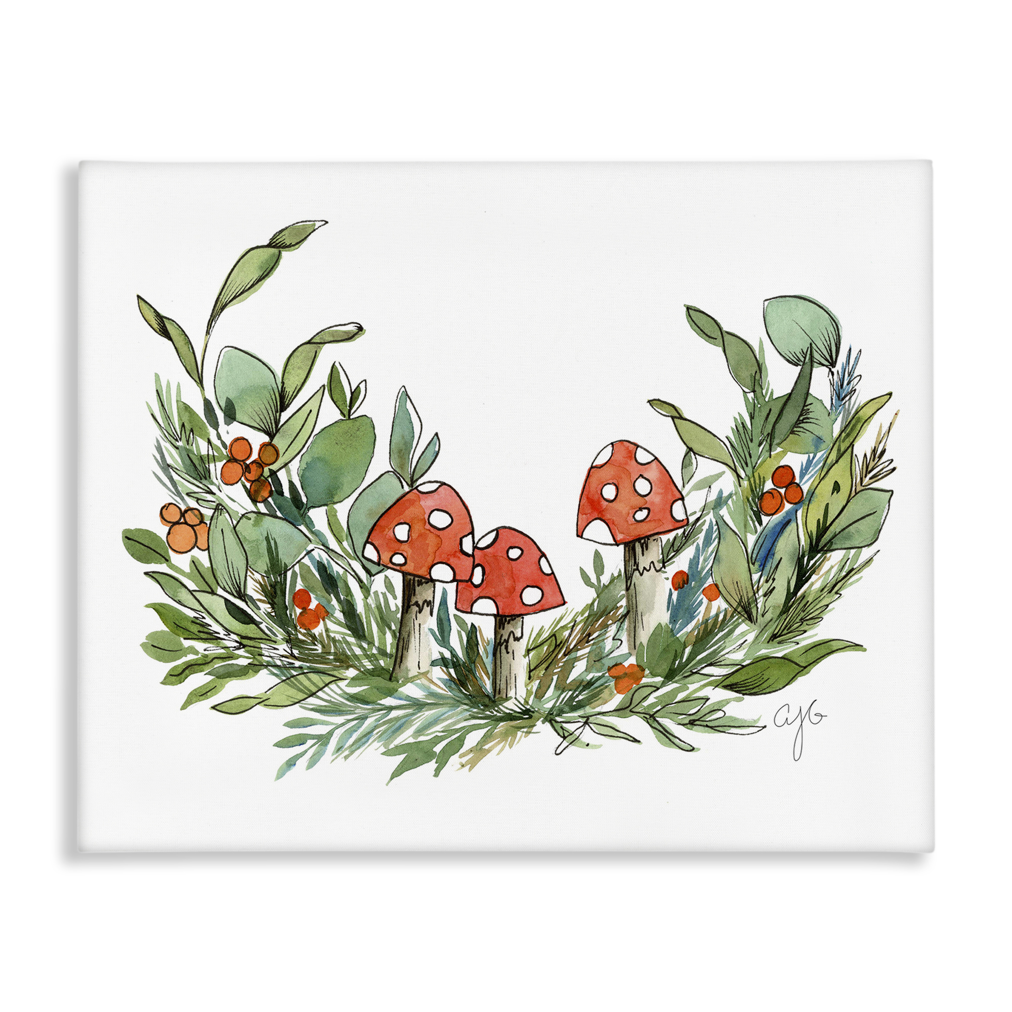 Stupell Industries Mushrooms and Greens Plants & Flowers Painting Wrapped Canvas Art Print Wall Art, 40 x 30