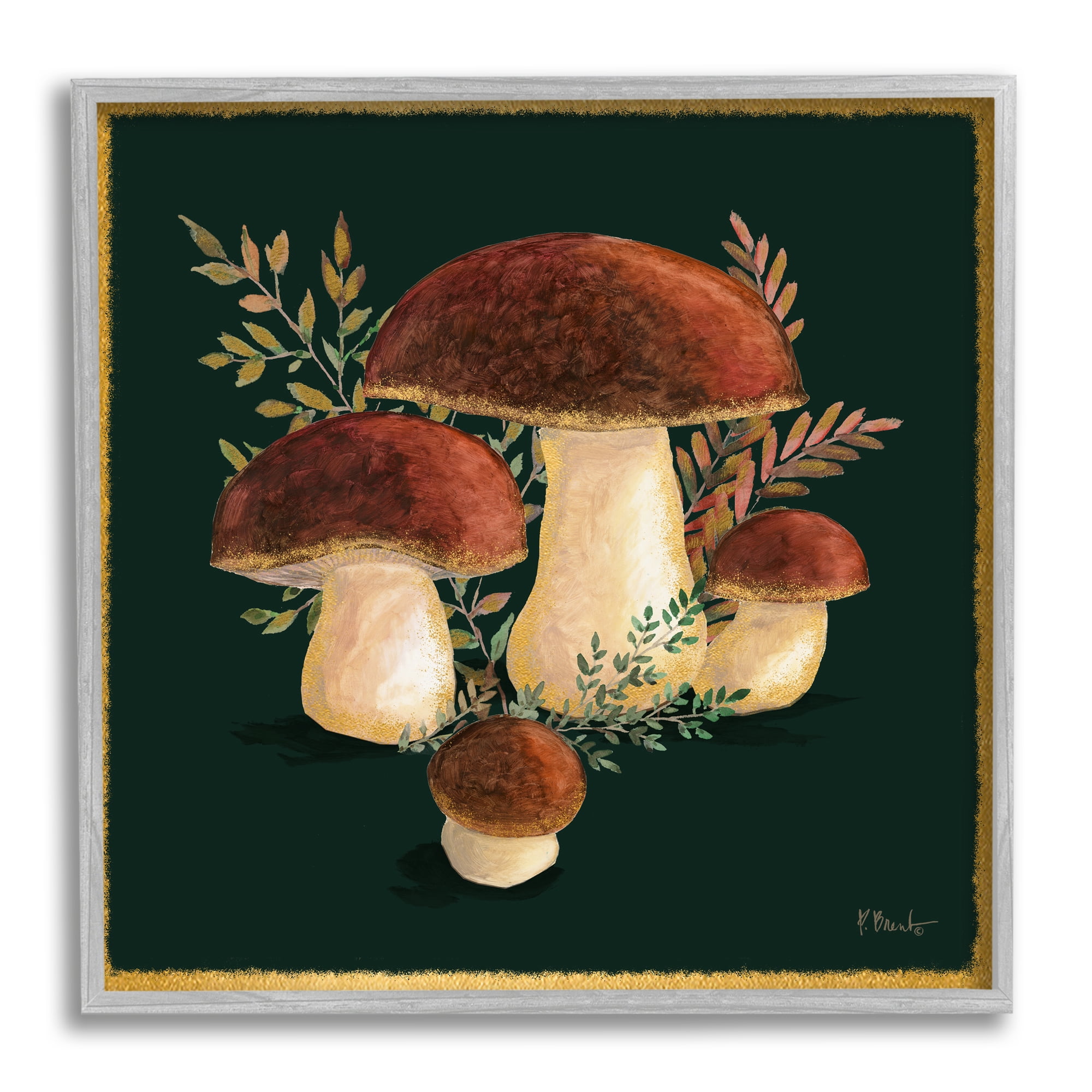 Stupell Industries Mushrooms on Black Botanical & Floral Painting Gray Framed Art Print Wall Art, 12 x 12