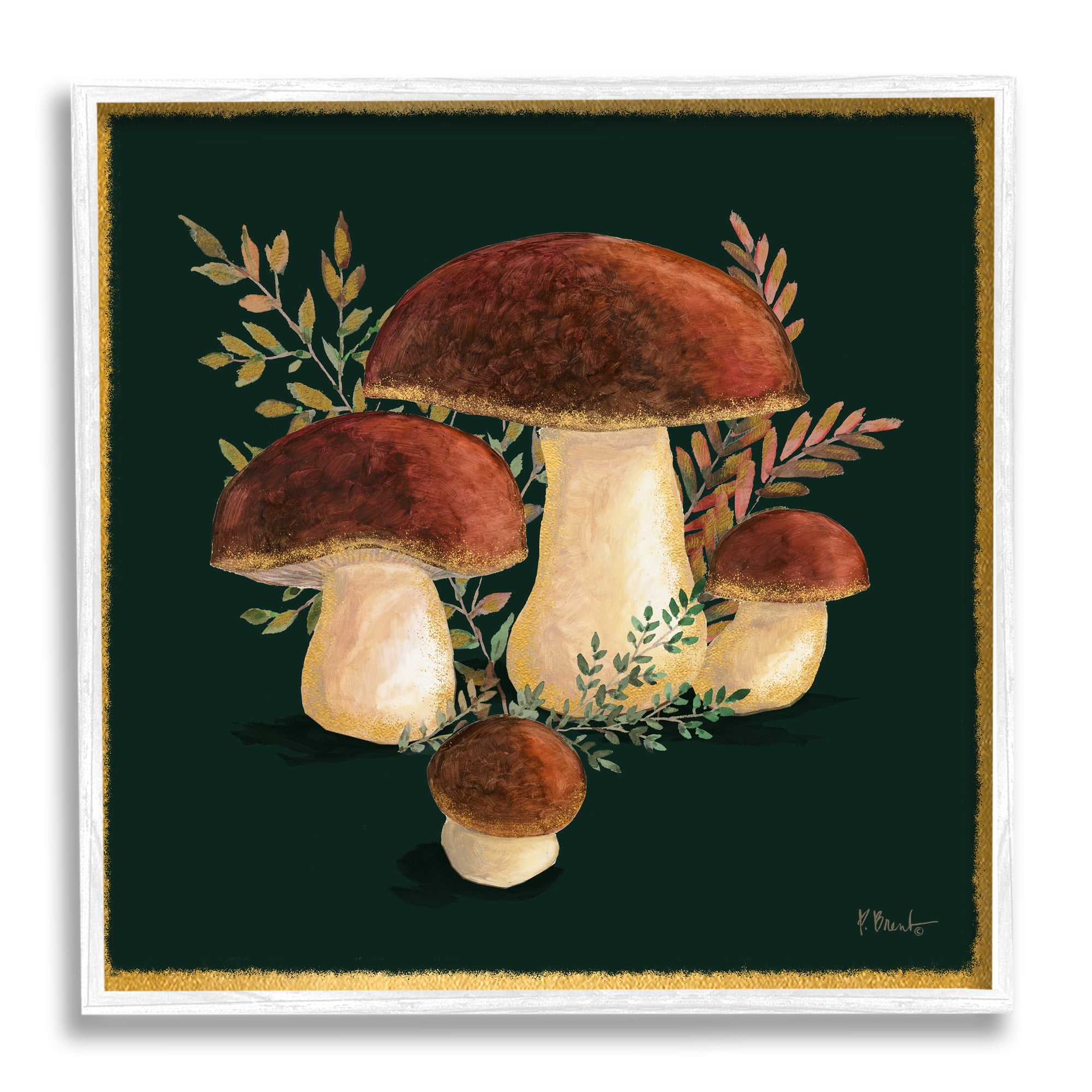 Stupell Industries Mushrooms on Black Botanical & Floral Painting White Framed Art Print Wall Art, 24 x 24