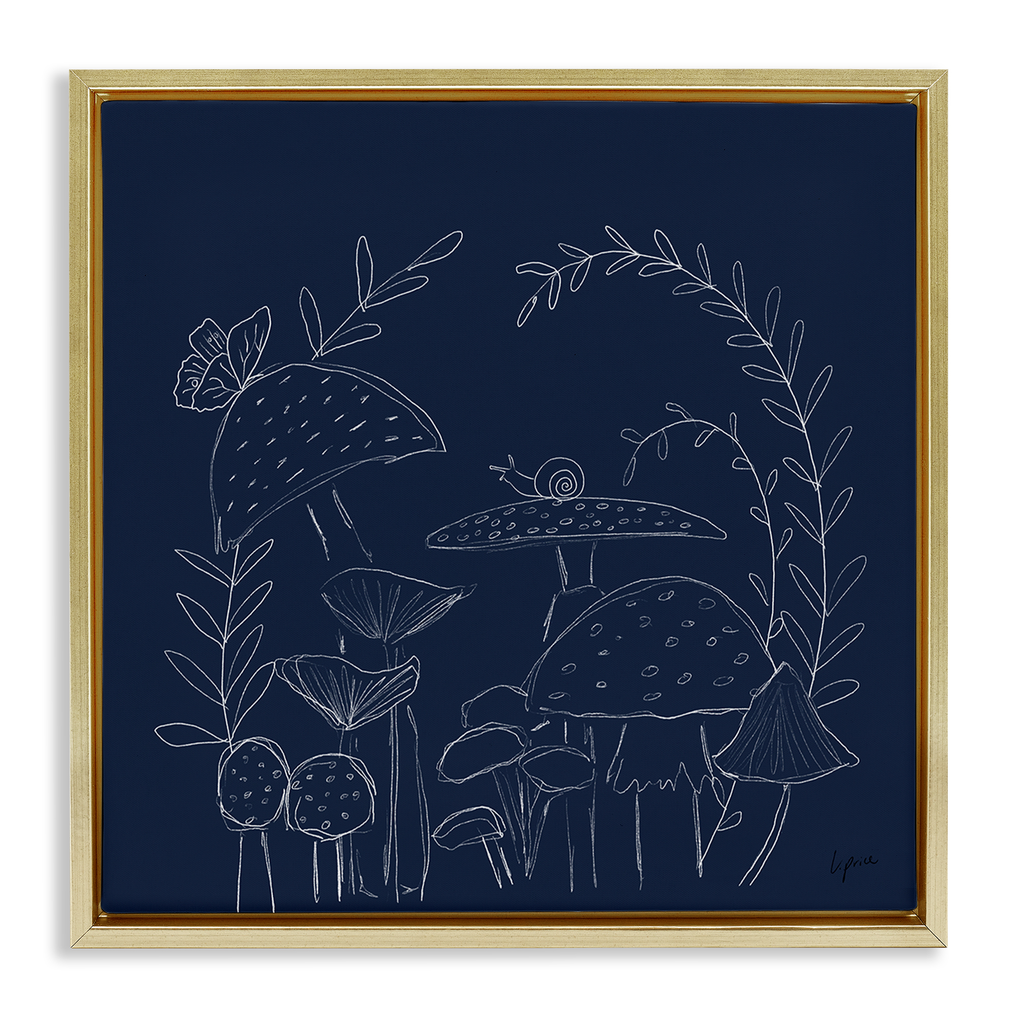 Stupell Industries Mushrooms on Blue Plants & Flowers Painting Gold Floater Framed Canvas Art Print Wall Art, 18 x 18