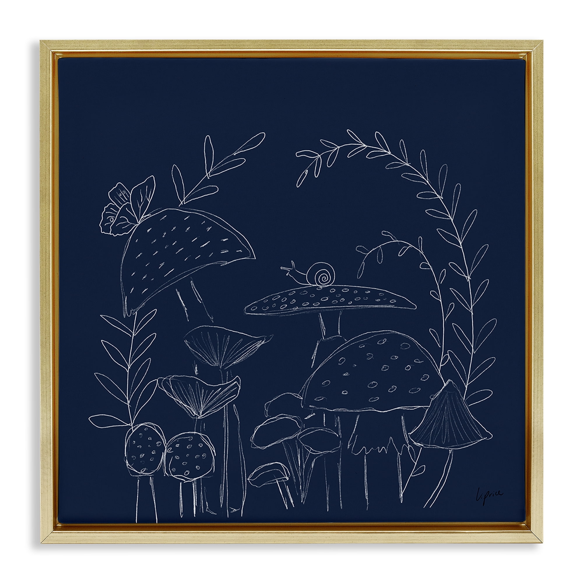 Stupell Industries Mushrooms on Blue Plants & Flowers Painting Gold Floater Framed Canvas Art Print Wall Art, 25 x 25