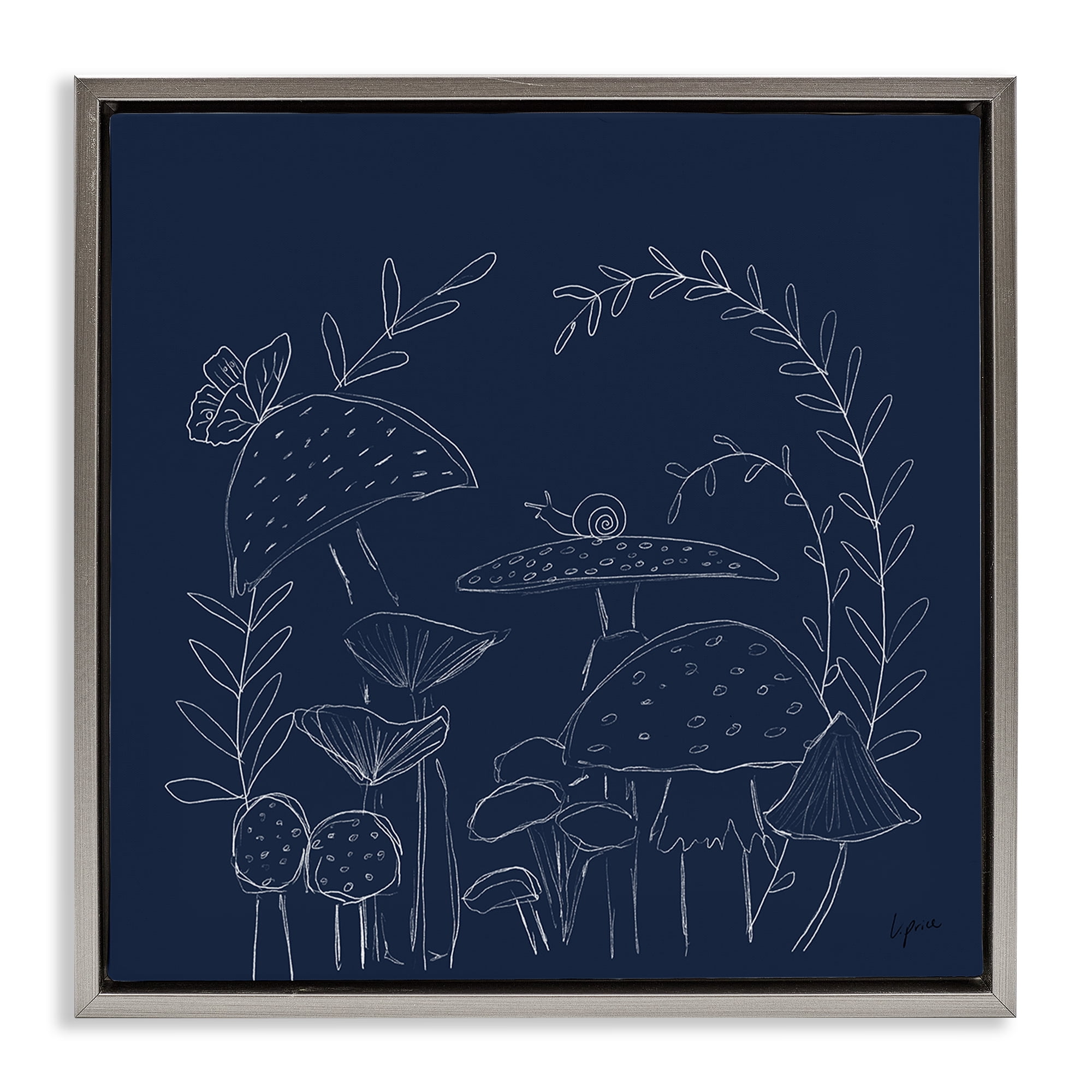 Stupell Industries Mushrooms on Blue Plants & Flowers Painting Gray Floater Framed Canvas Art Print Wall Art, 18 x 18