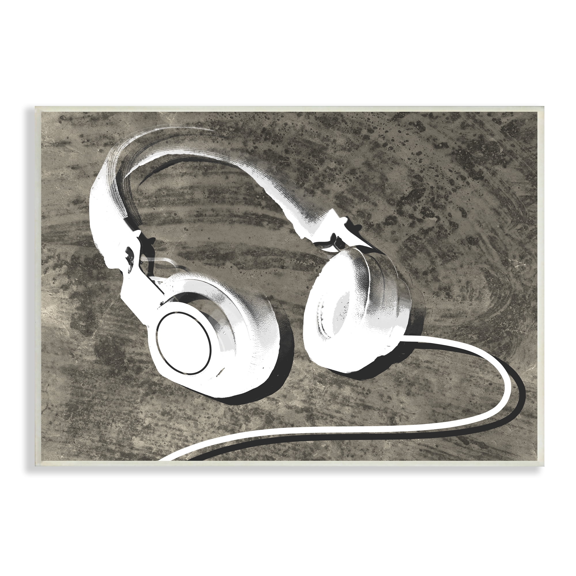 Stupell Industries Music Headset Over Brown Rustic Wood Grain Pattern, 15 x 10, Design by Daphne Polselli