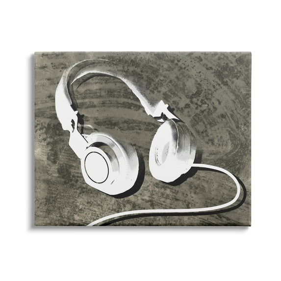 Stupell Industries Music Headset Over Brown Rustic Wood Grain Pattern, 40 x 30, Design by Daphne Polselli