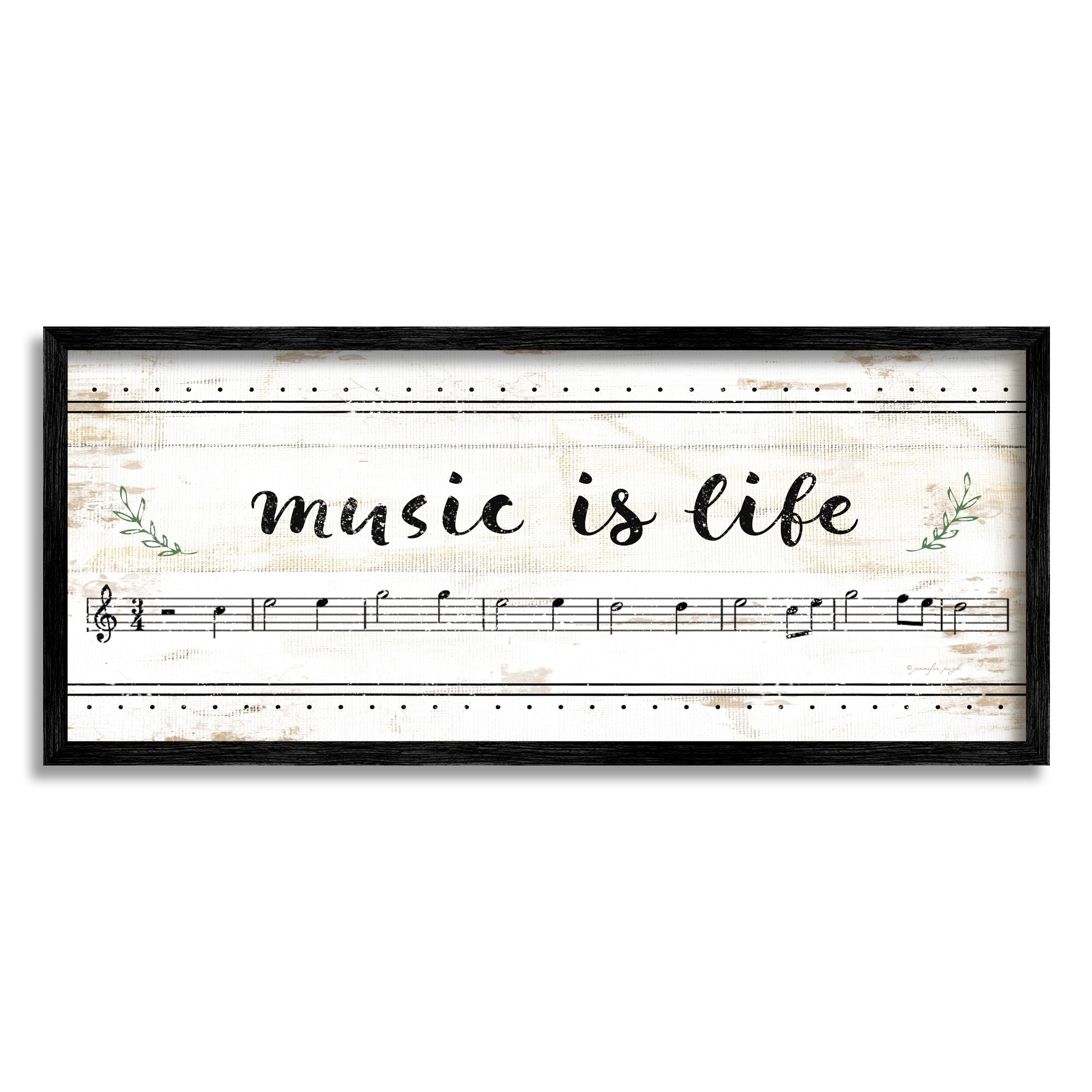 Stupell Industries Music Is Life Composition Paper with Black and White Notes Graphic Art Black Framed Art Print Wall Art, 10x24, by Jennifer Pugh