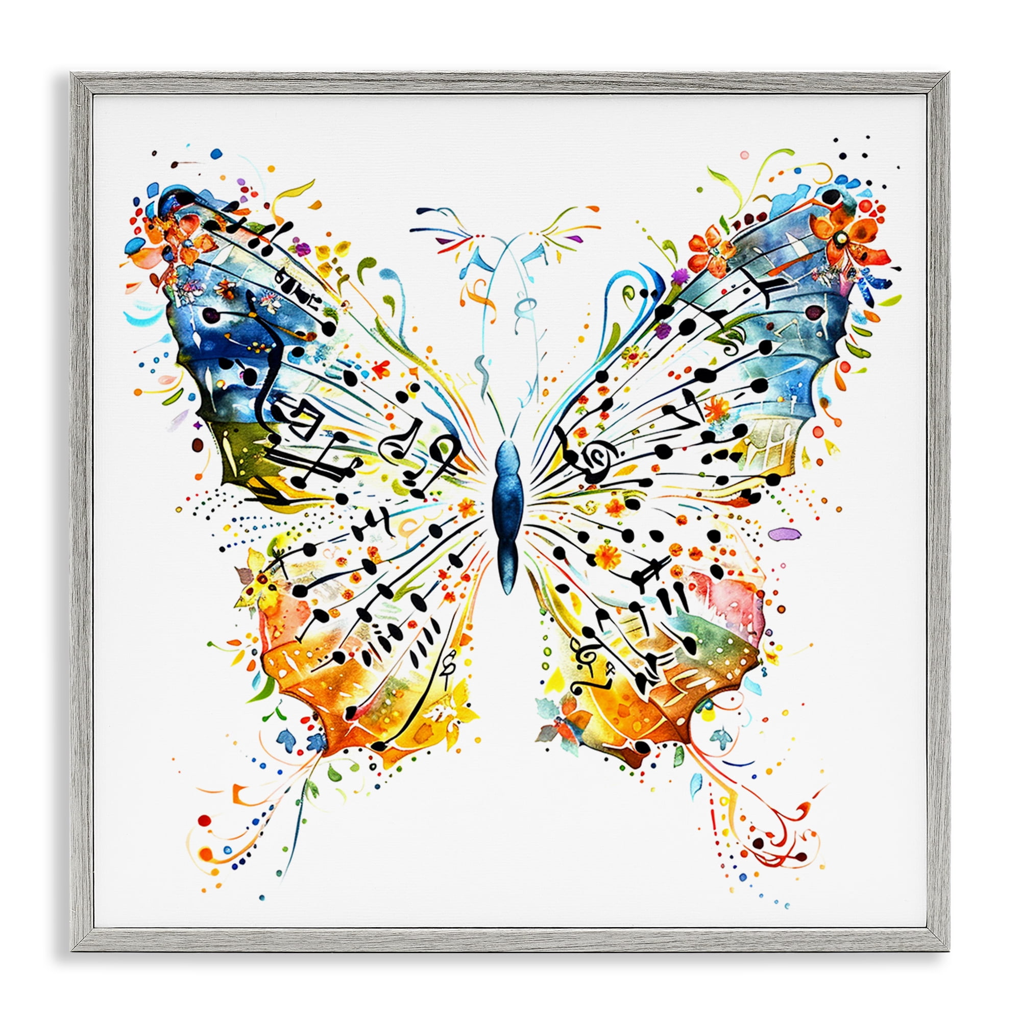Stupell Industries Musical Butterfly Wings Insects Painting Gray Framed Art Print Wall Art, 24 x 24