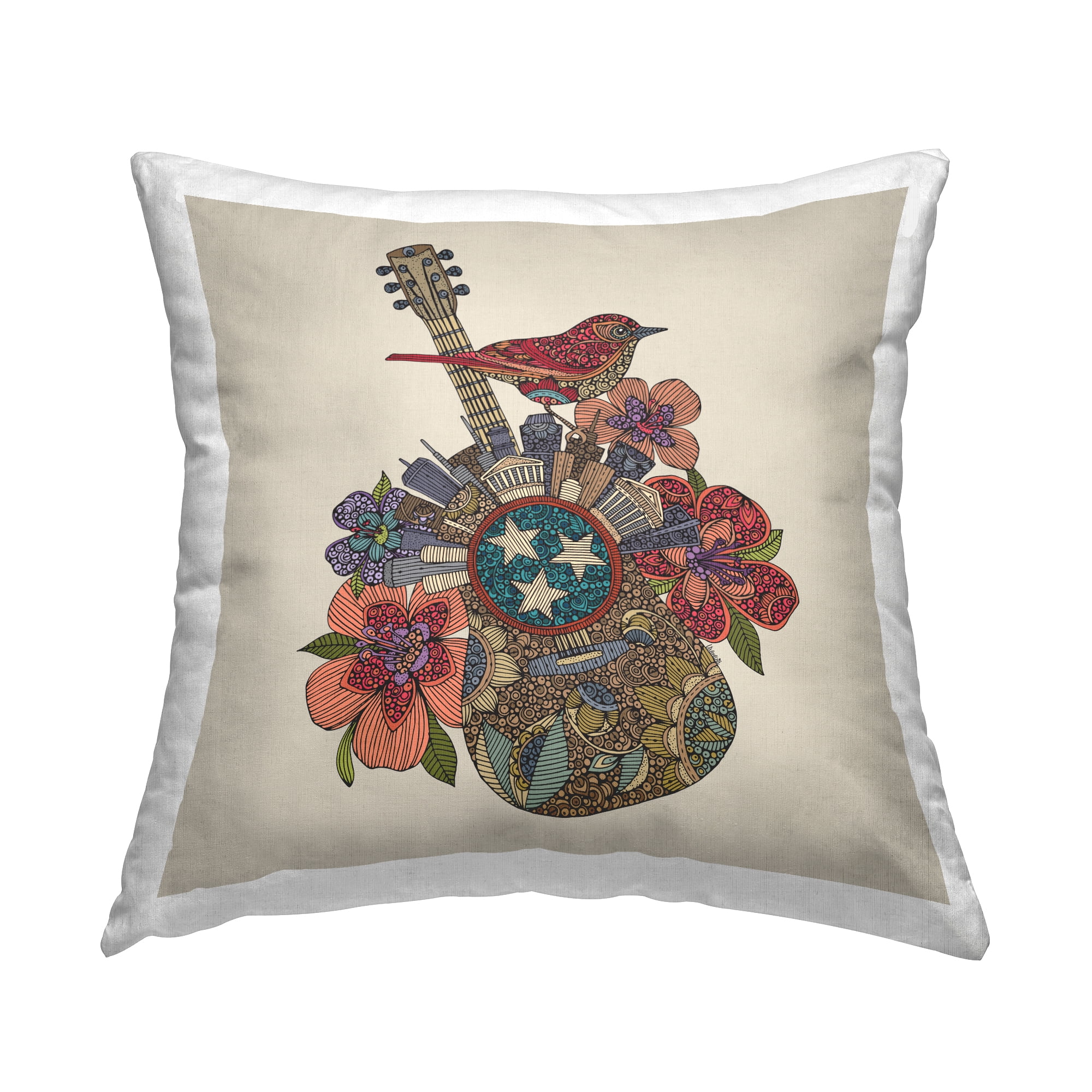 Stupell Industries Musical City Guitar Floral Pattern Square Decorative Printed Throw Pillow, 18 x 18,