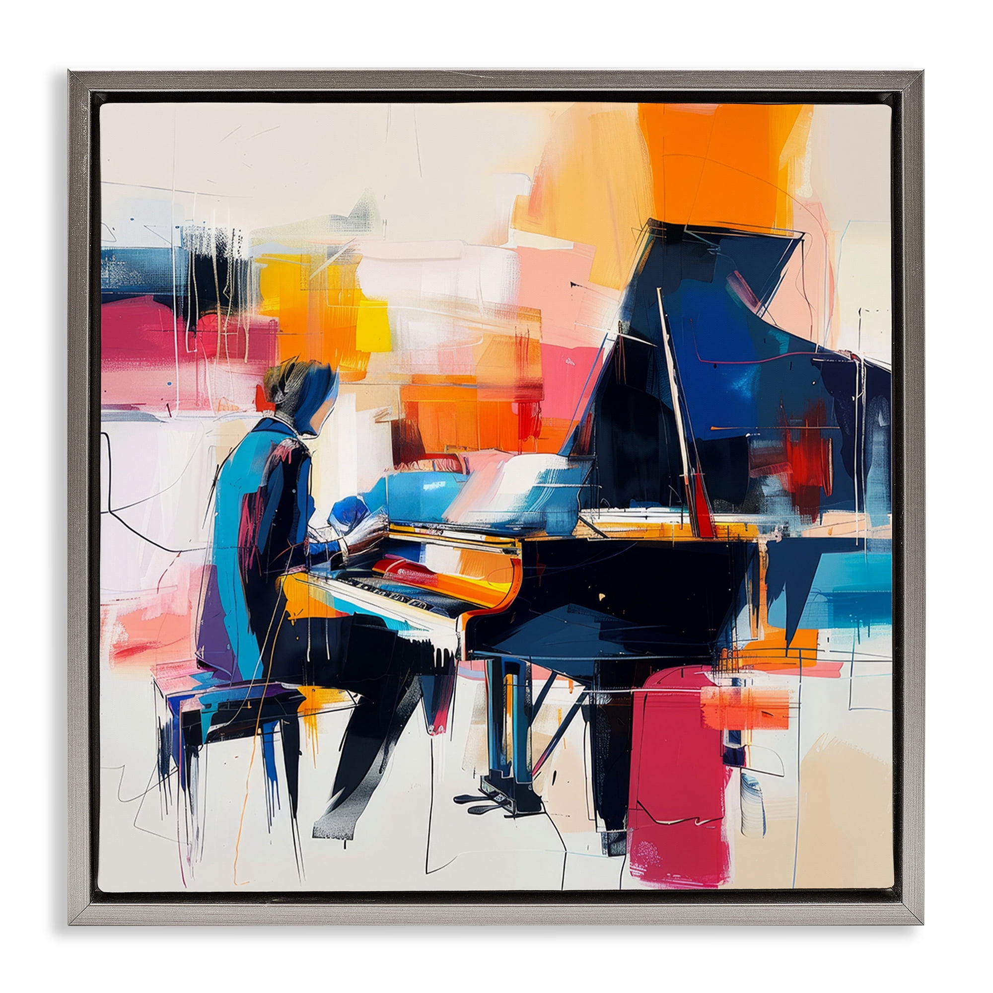 Stupell Industries Musical Melodies Piano Musician Performing Arts Painting Gray Floater Framed Canvas Art Print Wall Art, 18 x 18