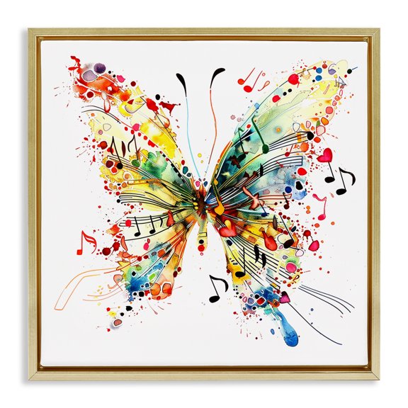 Stupell Industries Musical Song Butterfly Insects Painting Gold Floater Framed Canvas Art Print Wall Art, 18 x 18