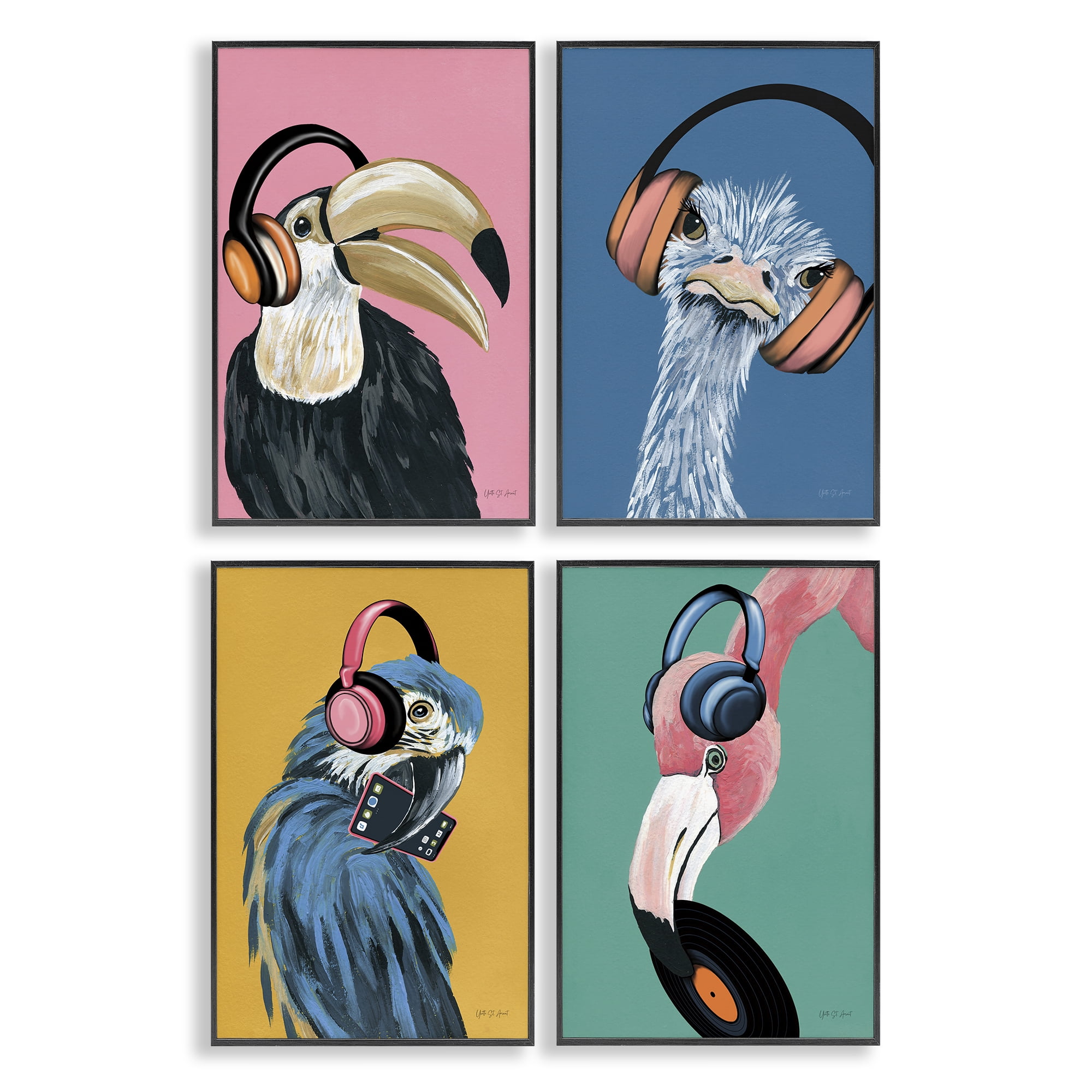 Stupell Industries Musical Tropical Birds Entertainment Painting Black Framed Art Print Wall Art, 16 x 24, Set of 4