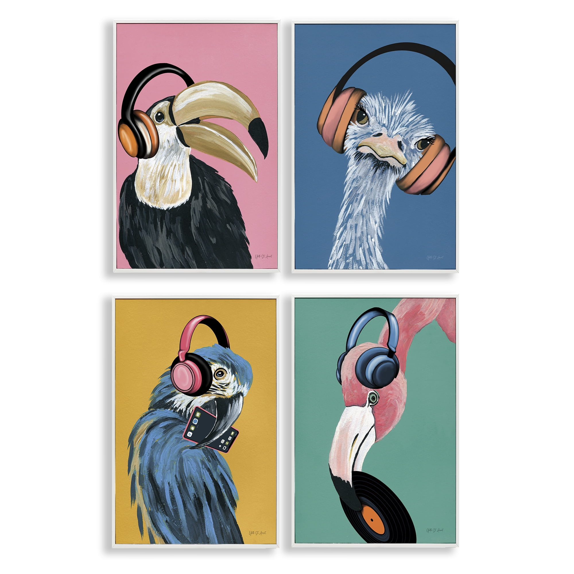 Stupell Industries Musical Tropical Birds Entertainment Painting White Framed Art Print Wall Art, 12 x 18, Set of 4