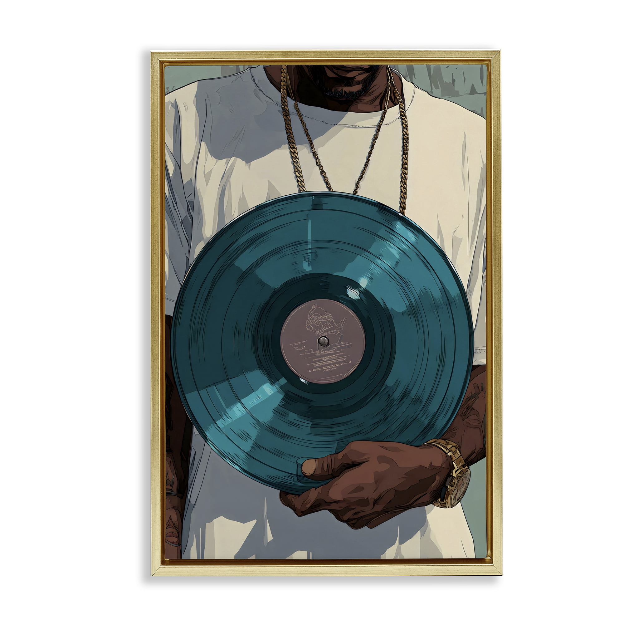 Stupell Industries Musician & Blue Music Record Gold Framed Floater Canvas Wall Art, design by Franklyn Gregory
