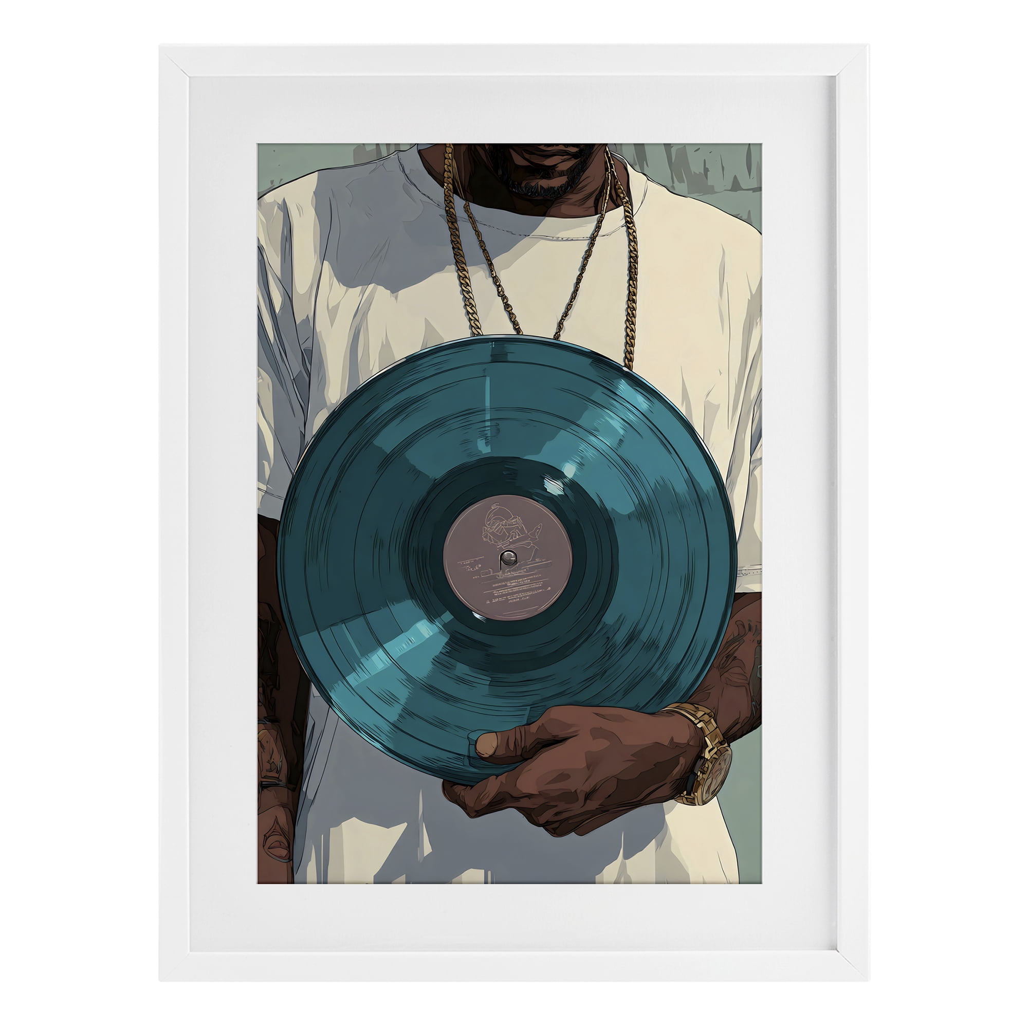 Stupell Industries Musician & Blue Music Record White Framed Print Under Glass, design by Franklyn Gregory