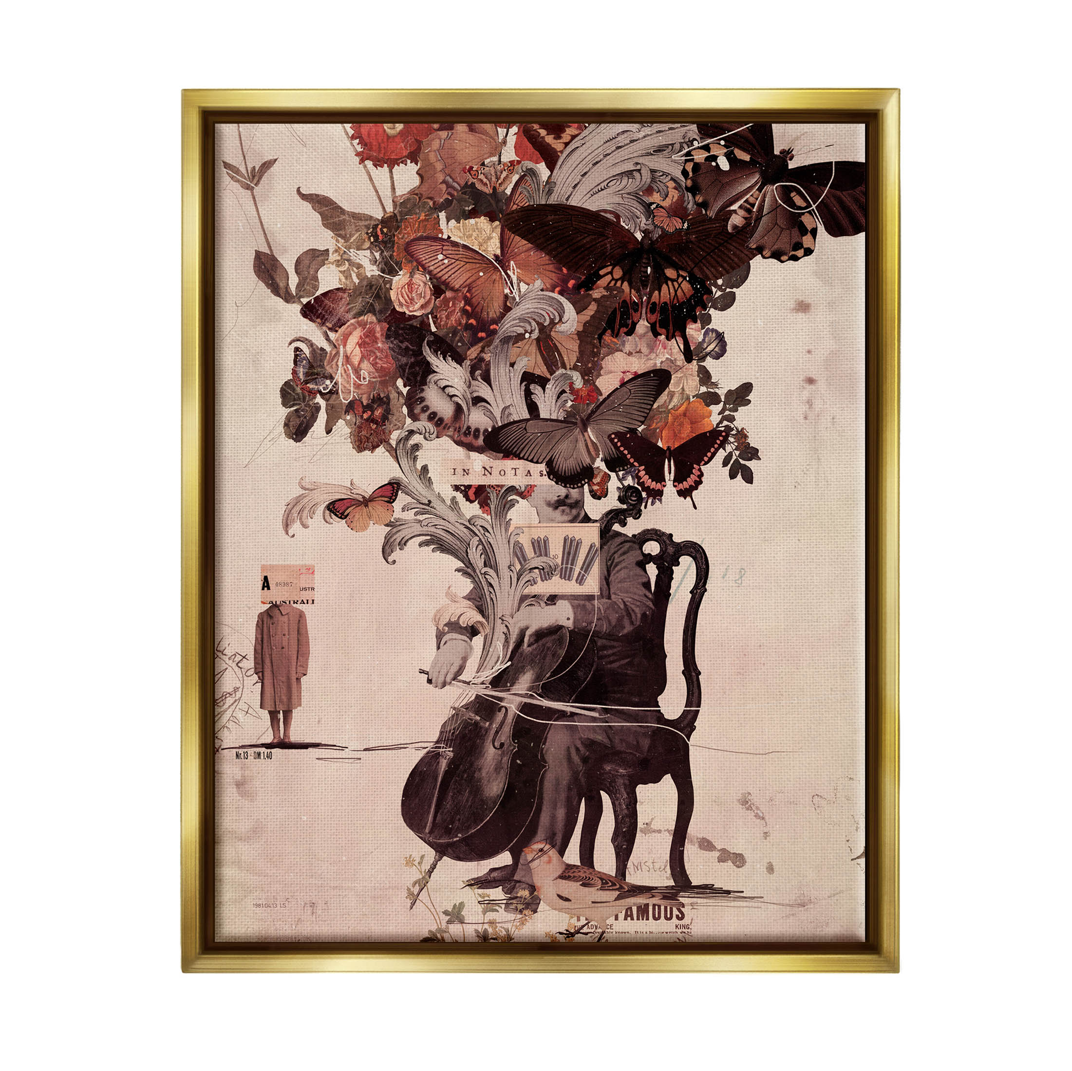Stupell Industries Musician Butterfly Botanicals Collage Graphic Art Metallic Gold Floating Framed Canvas Print Wall Art, Design by Matheus Lopes Castro