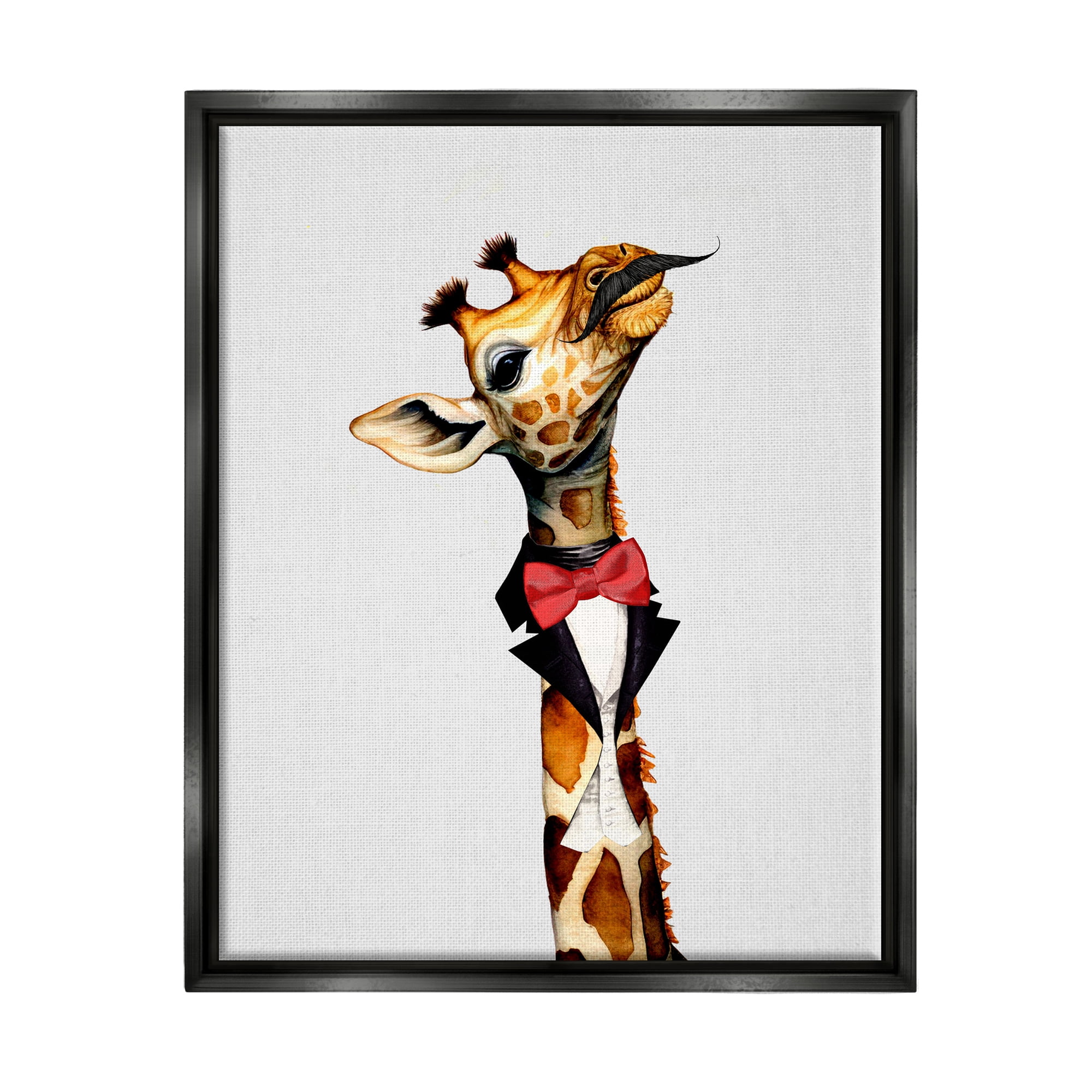 Stupell Industries Mustache Giraffe with Bowtie Animals & Insects Painting Black Floater Framed Canvas Art Print Wall Art, 25 x 31
