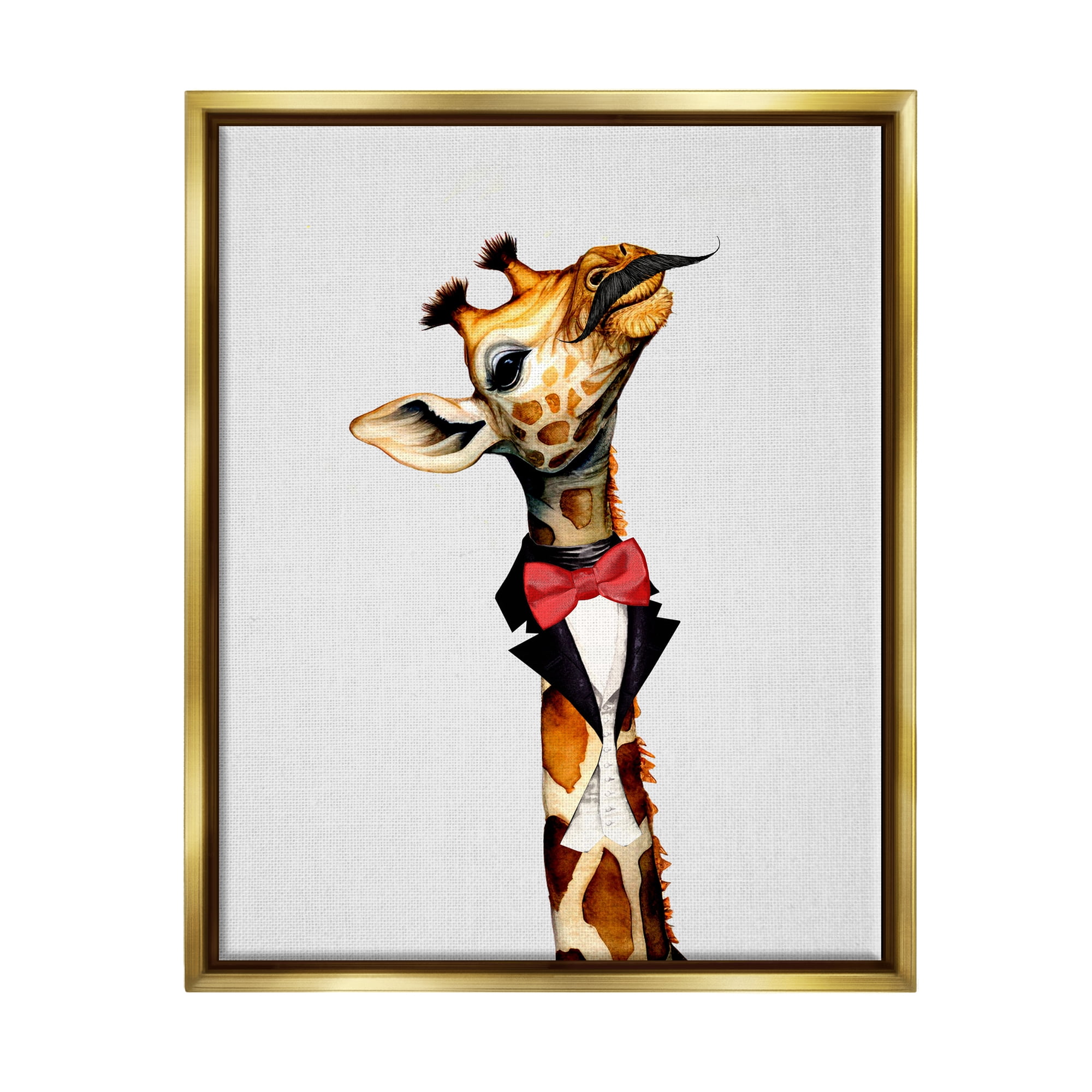 Stupell Industries Mustache Giraffe with Bowtie Animals & Insects Painting Gold Floater Framed Canvas Art Print Wall Art, 25 x 31