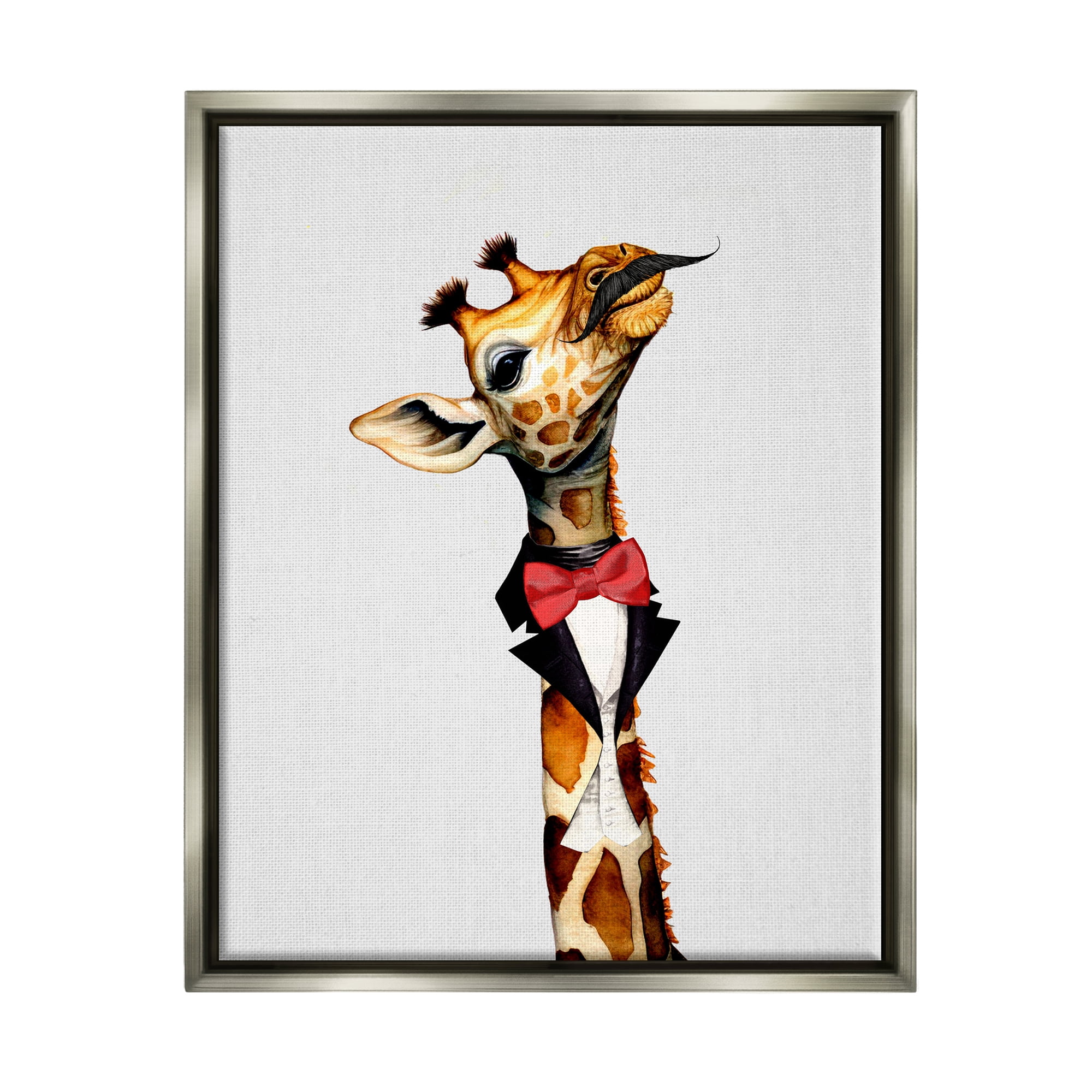 Stupell Industries Mustache Giraffe with Bowtie Animals & Insects Painting Gray Floater Framed Canvas Art Print Wall Art, 25 x 31