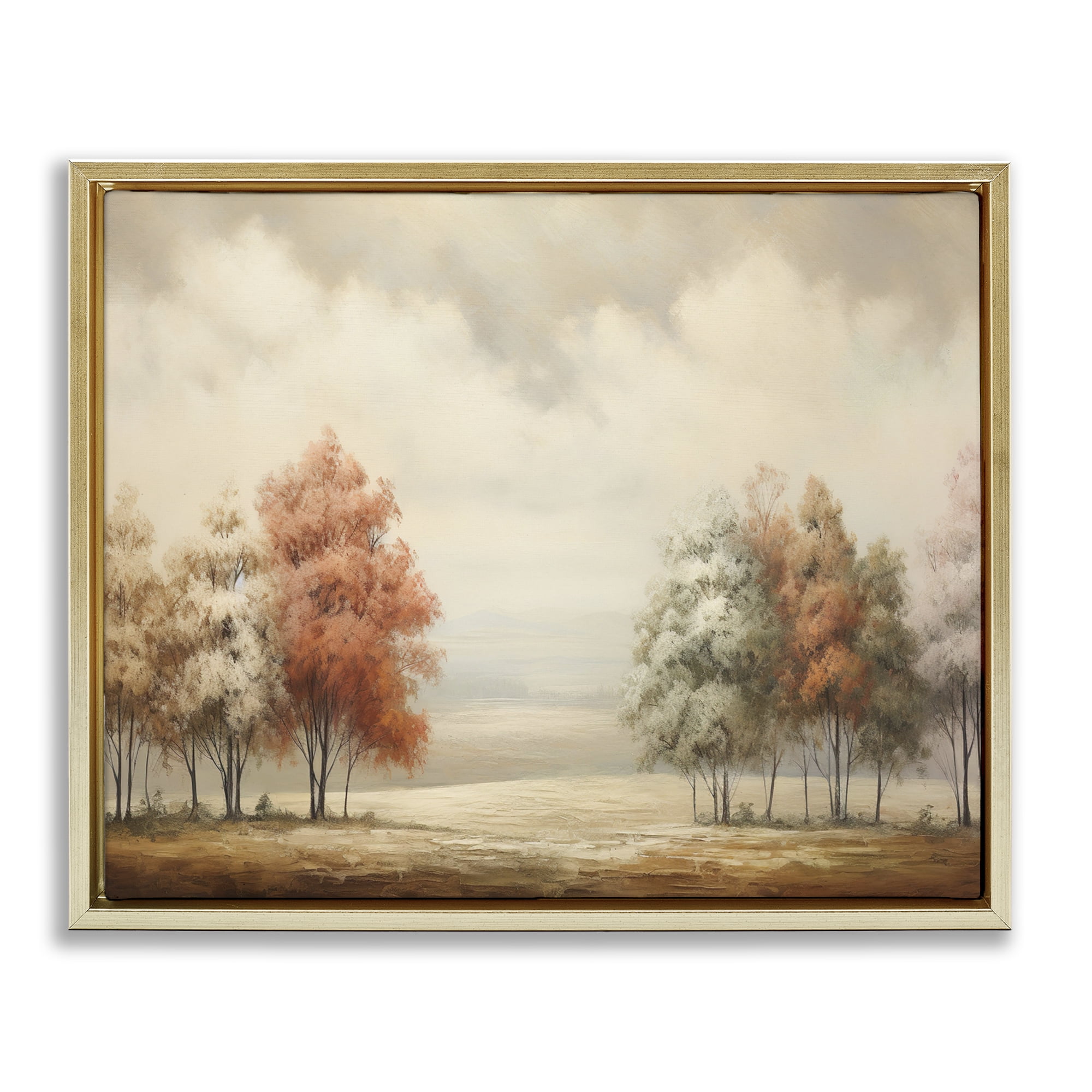 Stupell Industries Muted Autumn Treeline Landscape & Nature Painting Gold Floater Framed Canvas Art Print Wall Art, 21 x 17