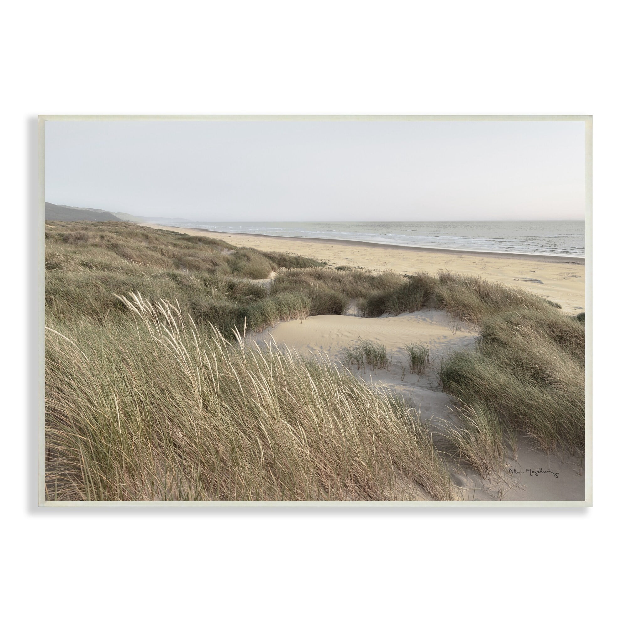Stupell Industries Muted Beach Coast Tall Grassy Dunes Distant Mountains, 19 x 13,Design by Alan Majchrowicz