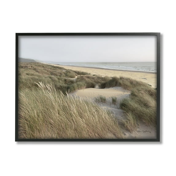 Stupell Industries Muted Beach Coast Tall Grassy Dunes Distant Mountains Photography Black Framed Art Print Wall Art, 14x11, by Alan Majchrowicz
