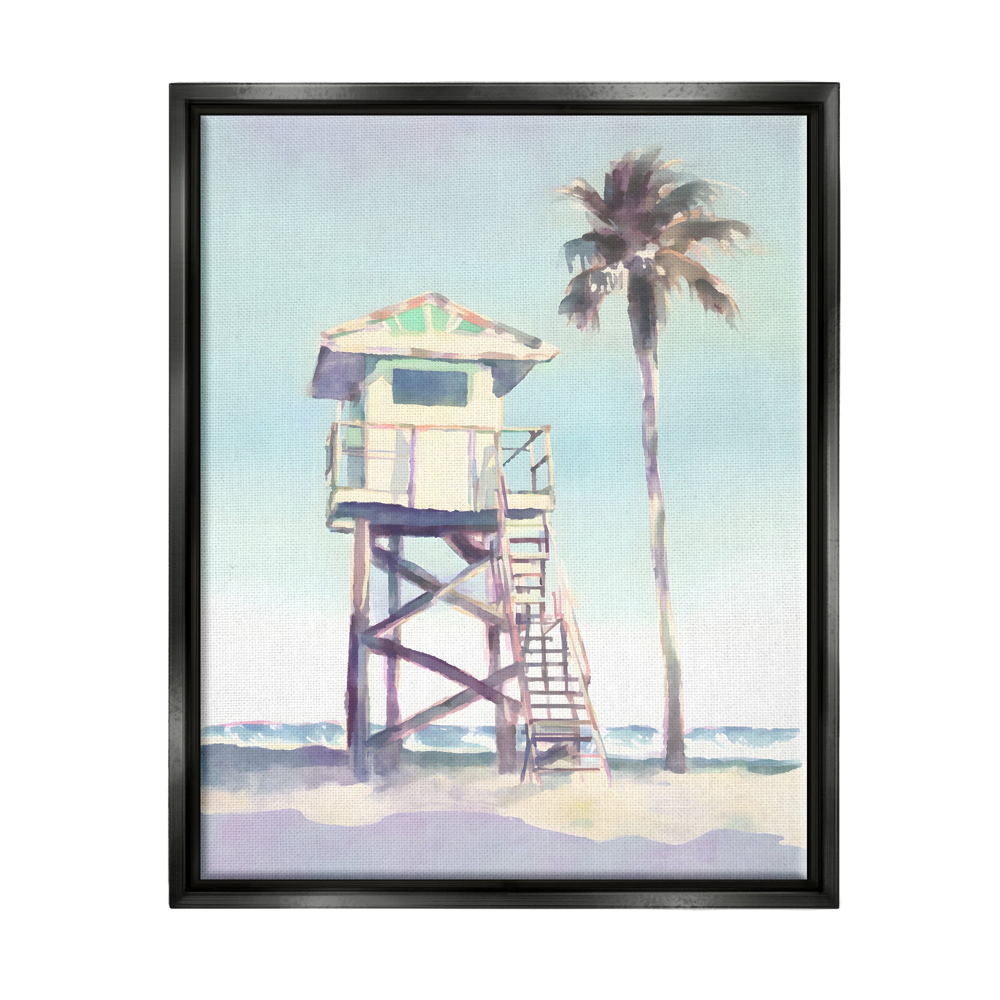 Stupell Industries Muted Beach Hut Landscape Painting Black Floater Framed Canvas Art Print Wall Art, 17 x 21