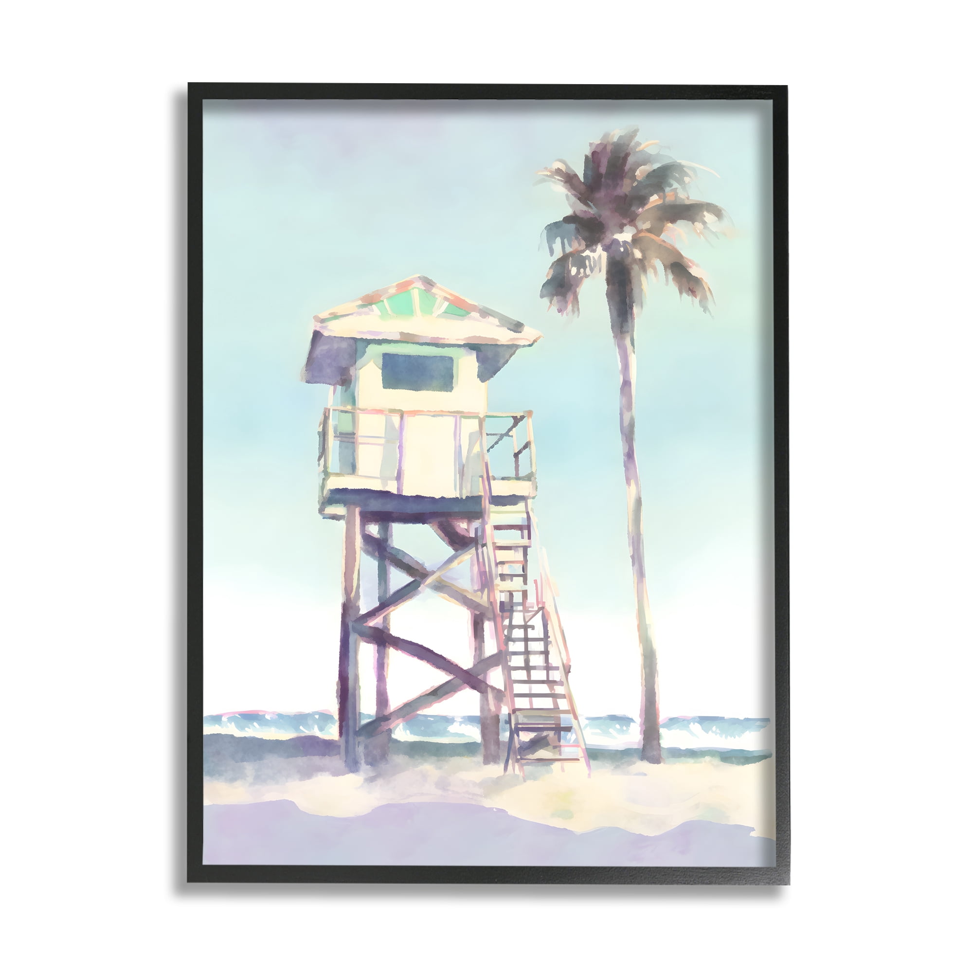 Stupell Industries Muted Beach Hut Landscape Painting Black Framed Art Print Wall Art, 16 x 20