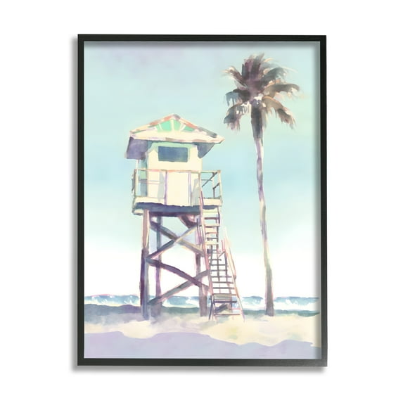Stupell Industries Muted Beach Hut Landscape Painting Black Framed Art Print Wall Art, 24 x 30