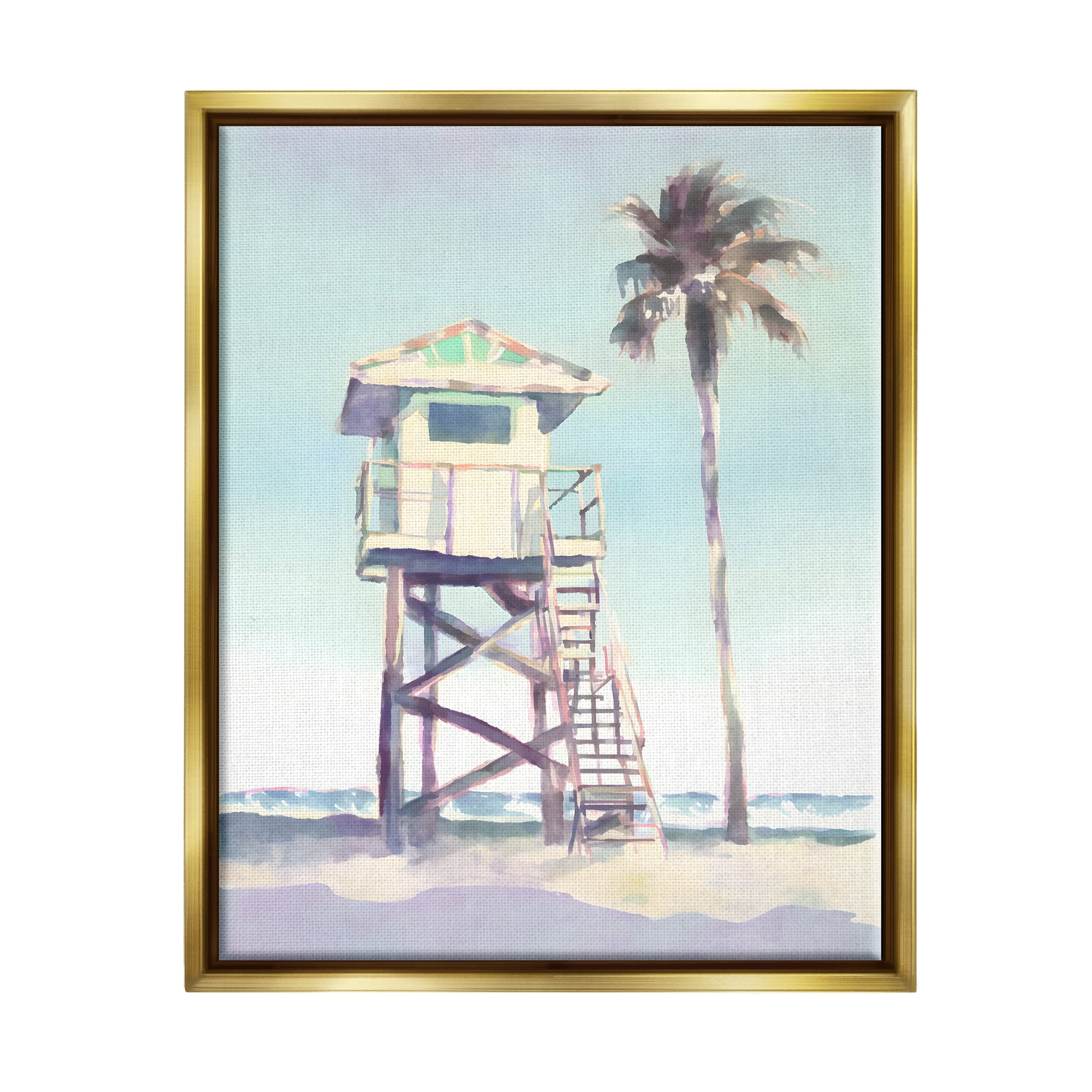 Stupell Industries Muted Beach Hut Landscape Painting Gold Floater Framed Canvas Art Print Wall Art, 17 x 21
