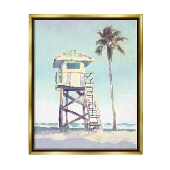 Stupell Industries Muted Beach Hut Landscape Painting Gold Floater Framed Canvas Art Print Wall Art, 25 x 31