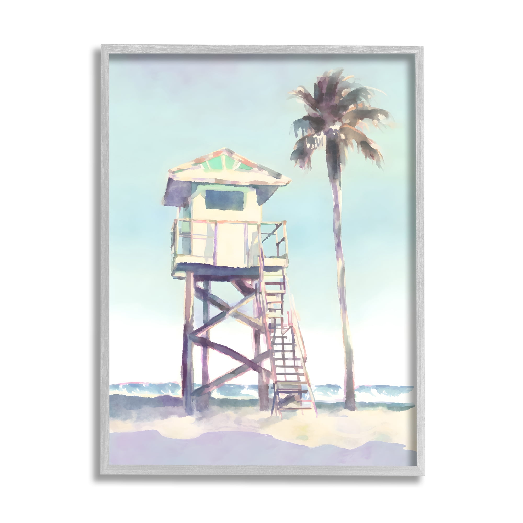 Stupell Industries Muted Beach Hut Landscape Painting Gray Framed Art Print Wall Art, 16 x 20