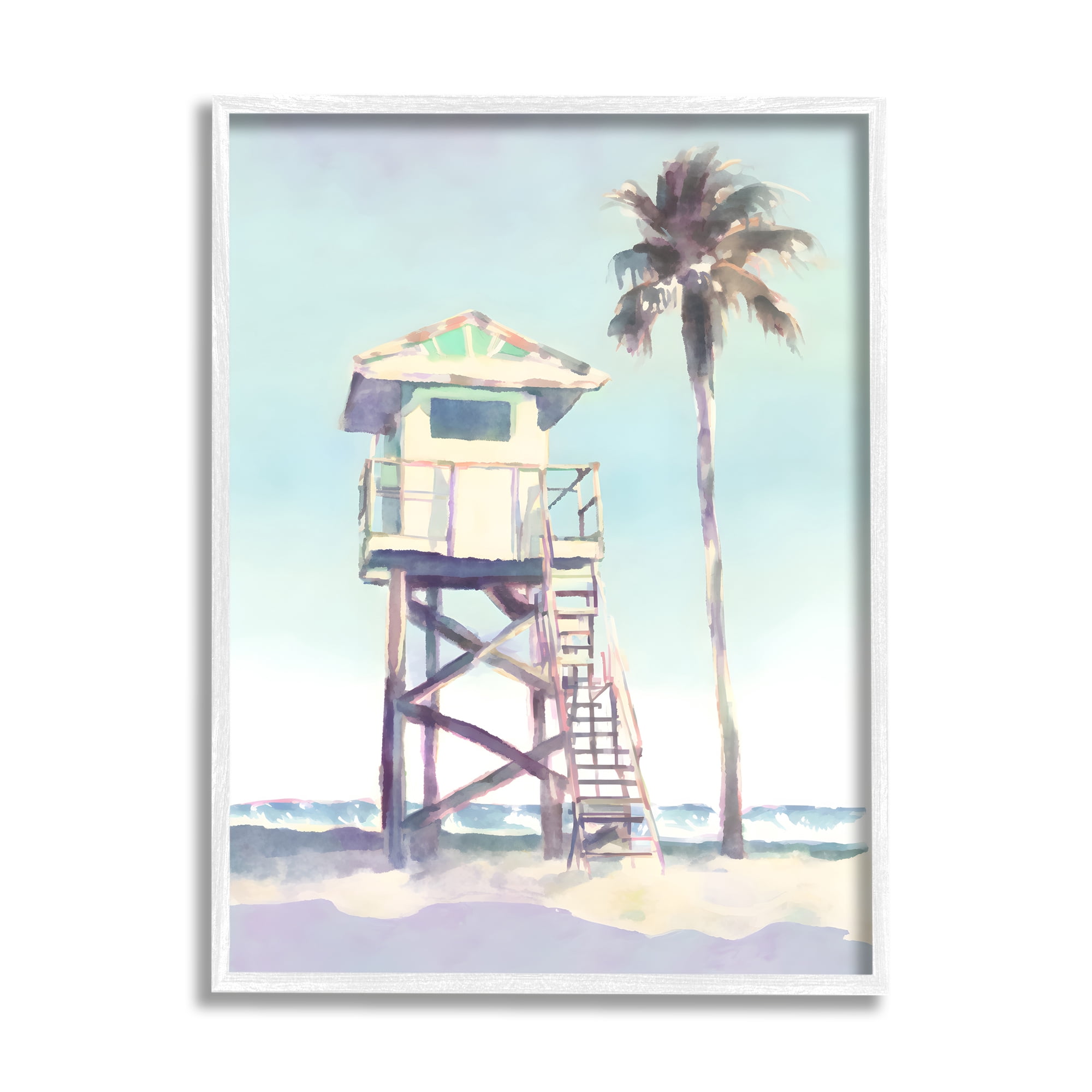 Stupell Industries Muted Beach Hut Landscape Painting White Framed Art Print Wall Art, 16 x 20