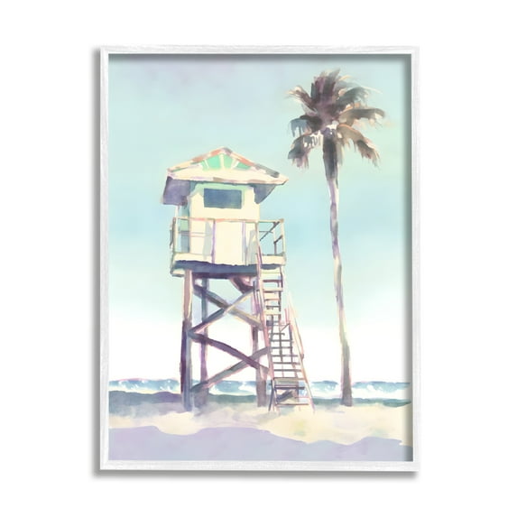 Stupell Industries Muted Beach Hut Landscape Painting White Framed Art Print Wall Art, 16 x 20