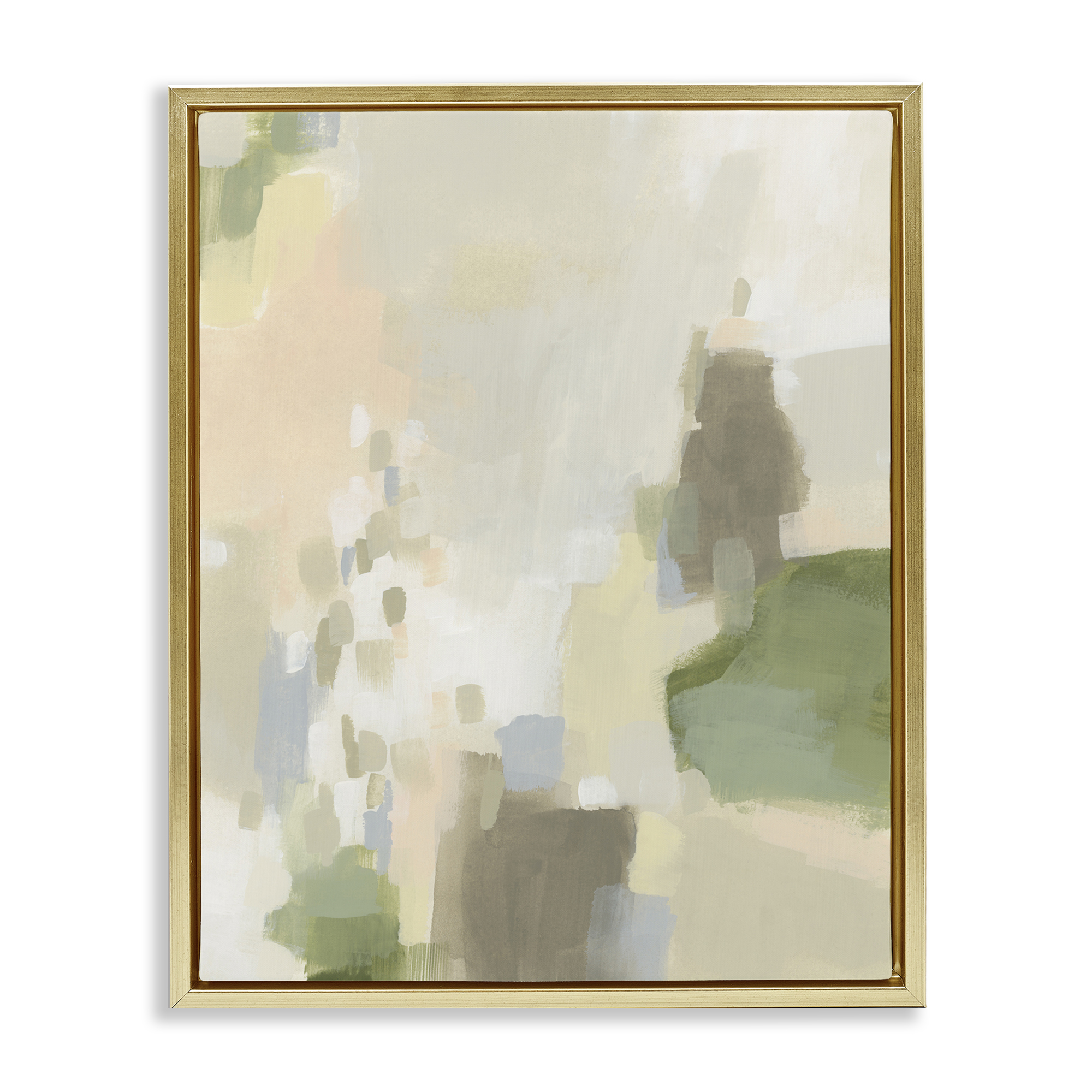 Stupell Industries Muted Beige & Green Abstract Painting Gold Floater Framed Canvas Art Print Wall Art, 17 x 21