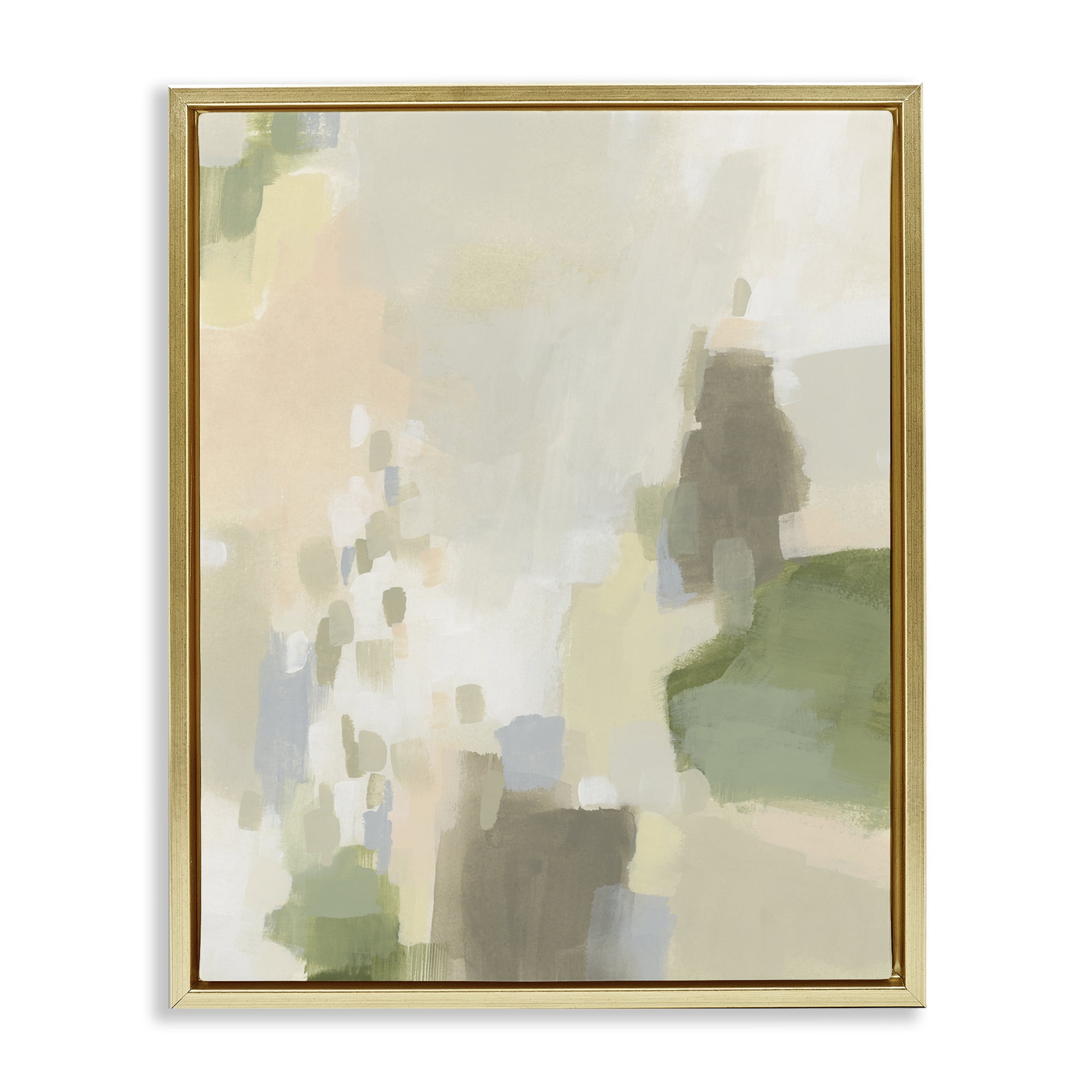 Stupell Industries Muted Beige & Green Abstract Painting Gold Floater Framed Canvas Art Print Wall Art, 25 x 31