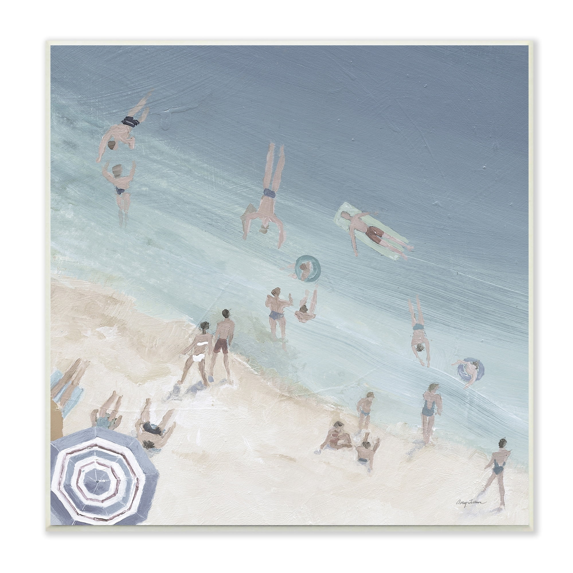 Stupell Industries Muted Blue Aerial Beach Scene Ocean Coast Crowd, 12 x 12,Design by Avery Tillmon
