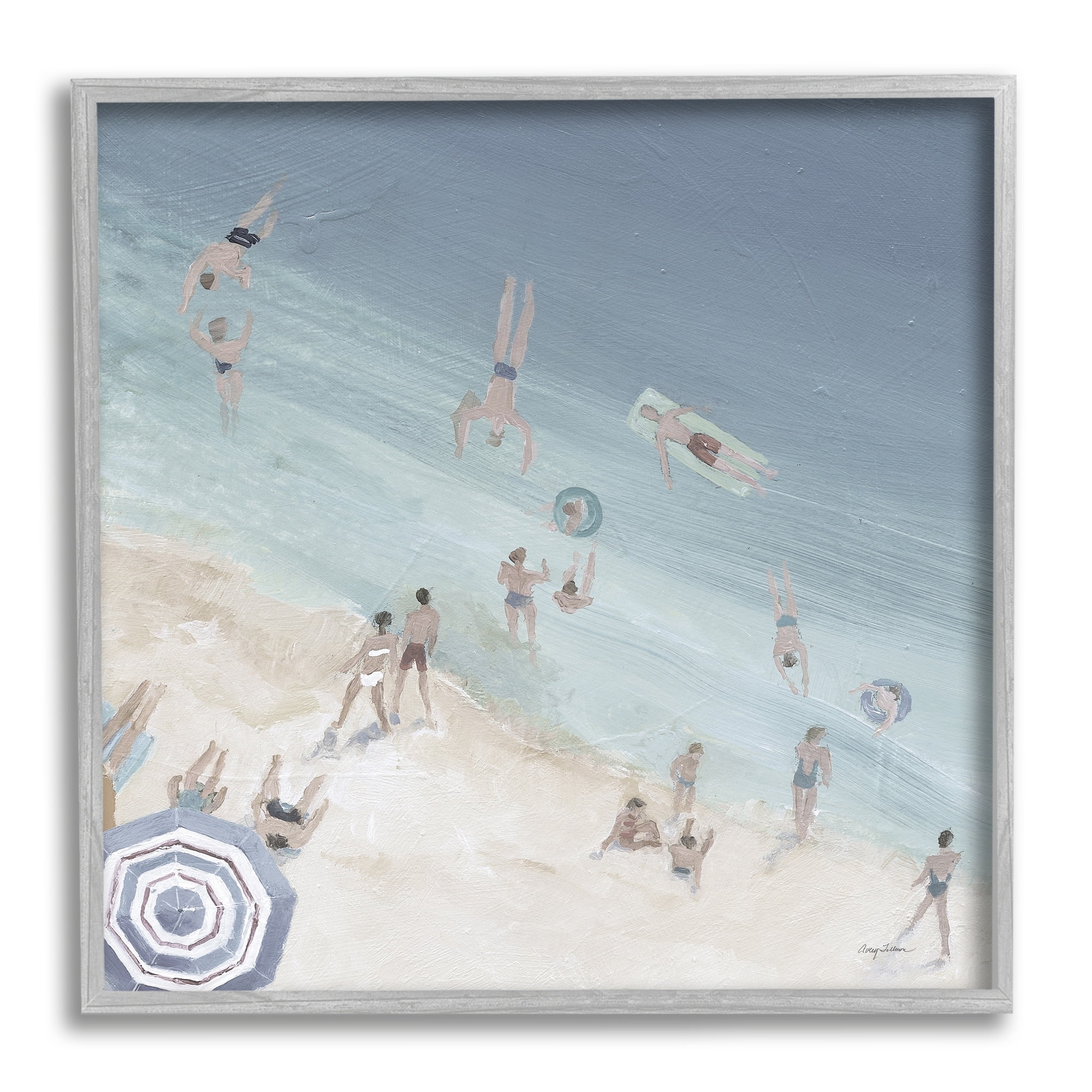 Stupell Industries Muted Blue Aerial Beach Scene Ocean Coast Crowd Graphic Art Gray Framed Art Print Wall Art, 12x12, by Avery Tillmon