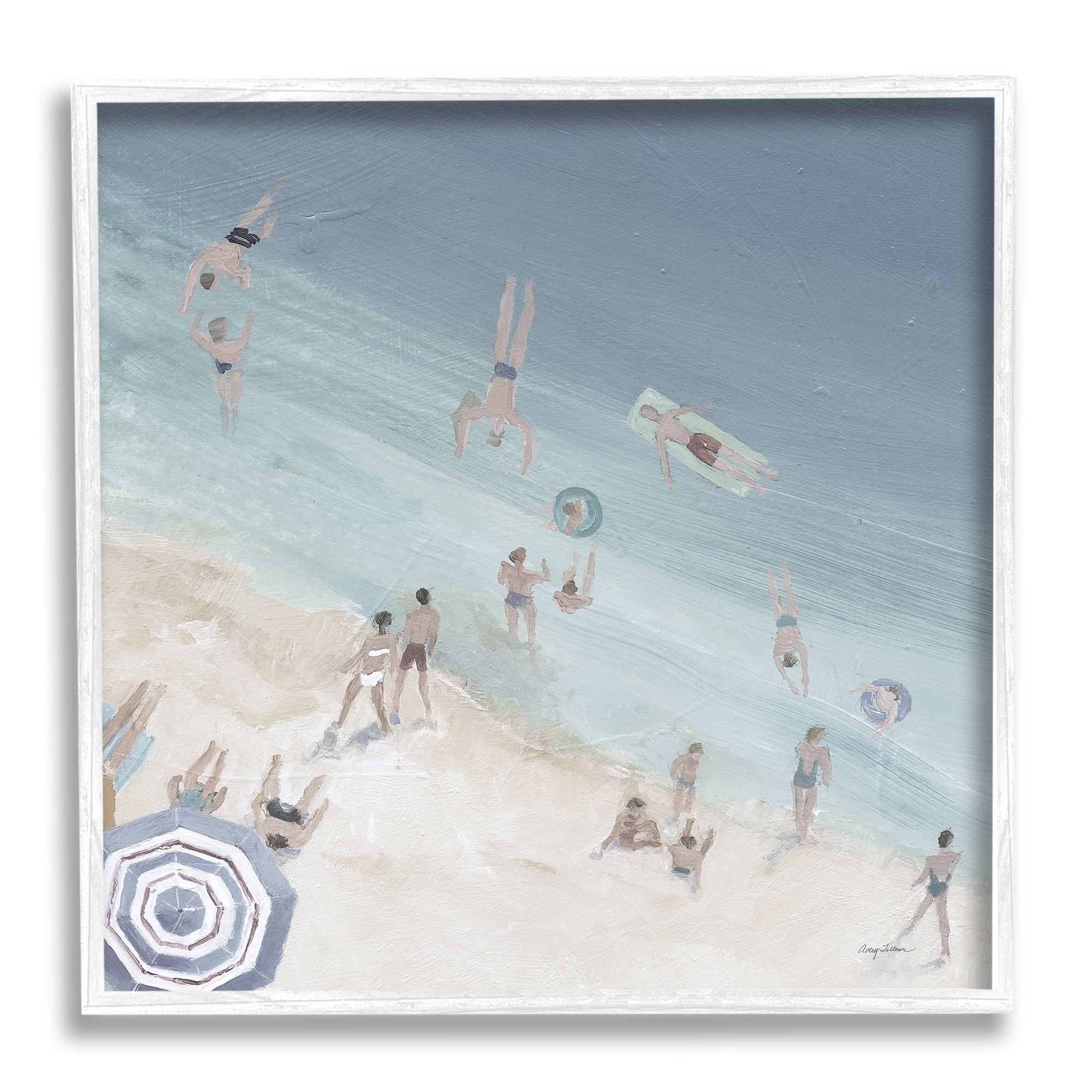 Stupell Industries Muted Blue Aerial Beach Scene Ocean Coast Crowd Graphic Art White Framed Art Print Wall Art, 17x17, by Avery Tillmon