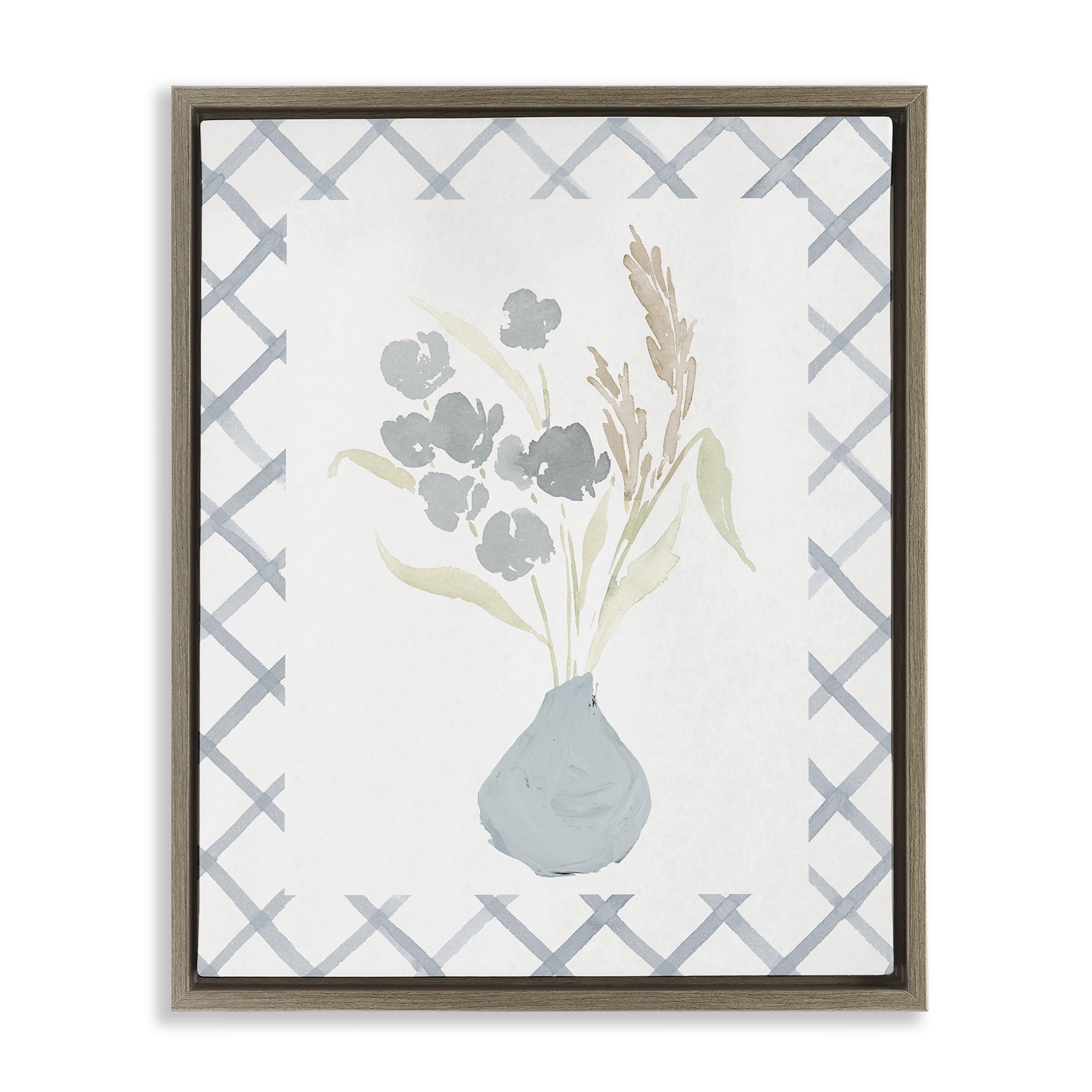 Stupell Industries Muted Blue Anna Bouquet Brown Framed Floater Canvas Wall Art, design by Lucille Price