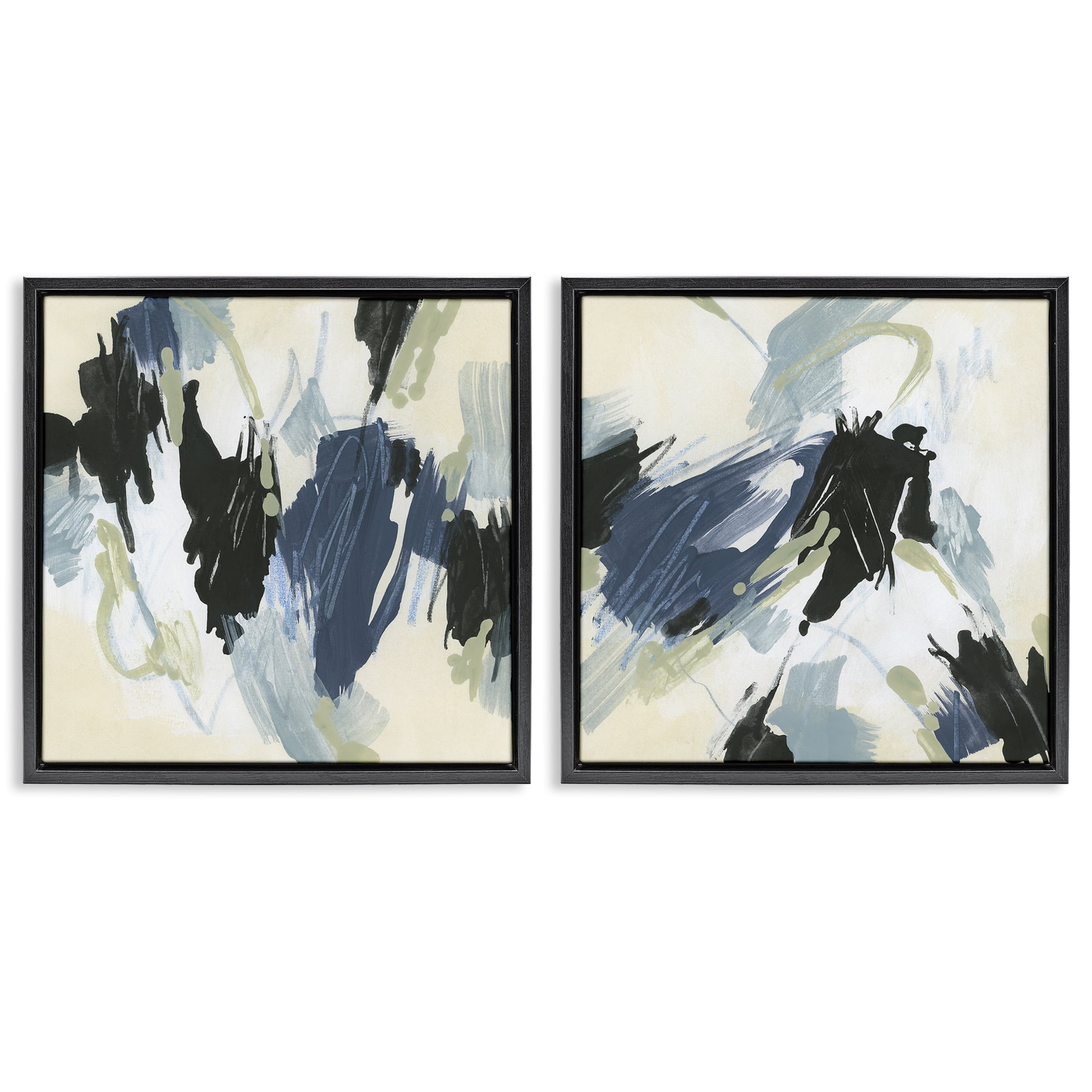 Stupell Industries Muted Blue Green Abstract Patches Abstract Painting Black Floater Framed Canvas Art Print Wall Art, 18 x 18, Set of 2