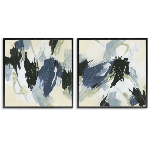 Stupell Industries Muted Blue Green Abstract Patches Abstract Painting Black Framed Art Print Wall Art, 17 x 17, Set of 2