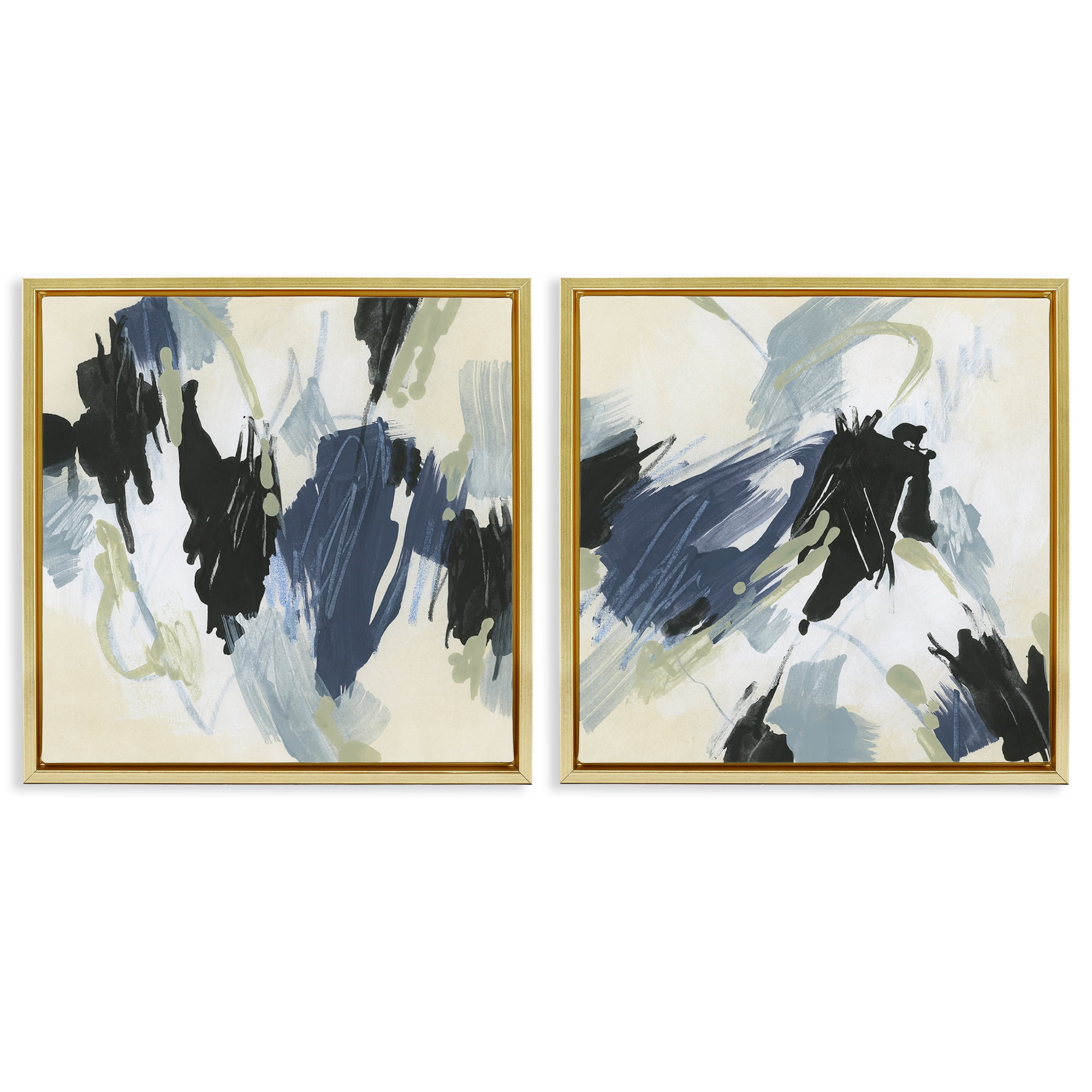 Stupell Industries Muted Blue Green Abstract Patches Abstract Painting Gold Floater Framed Canvas Art Print Wall Art, 25 x 25, Set of 2
