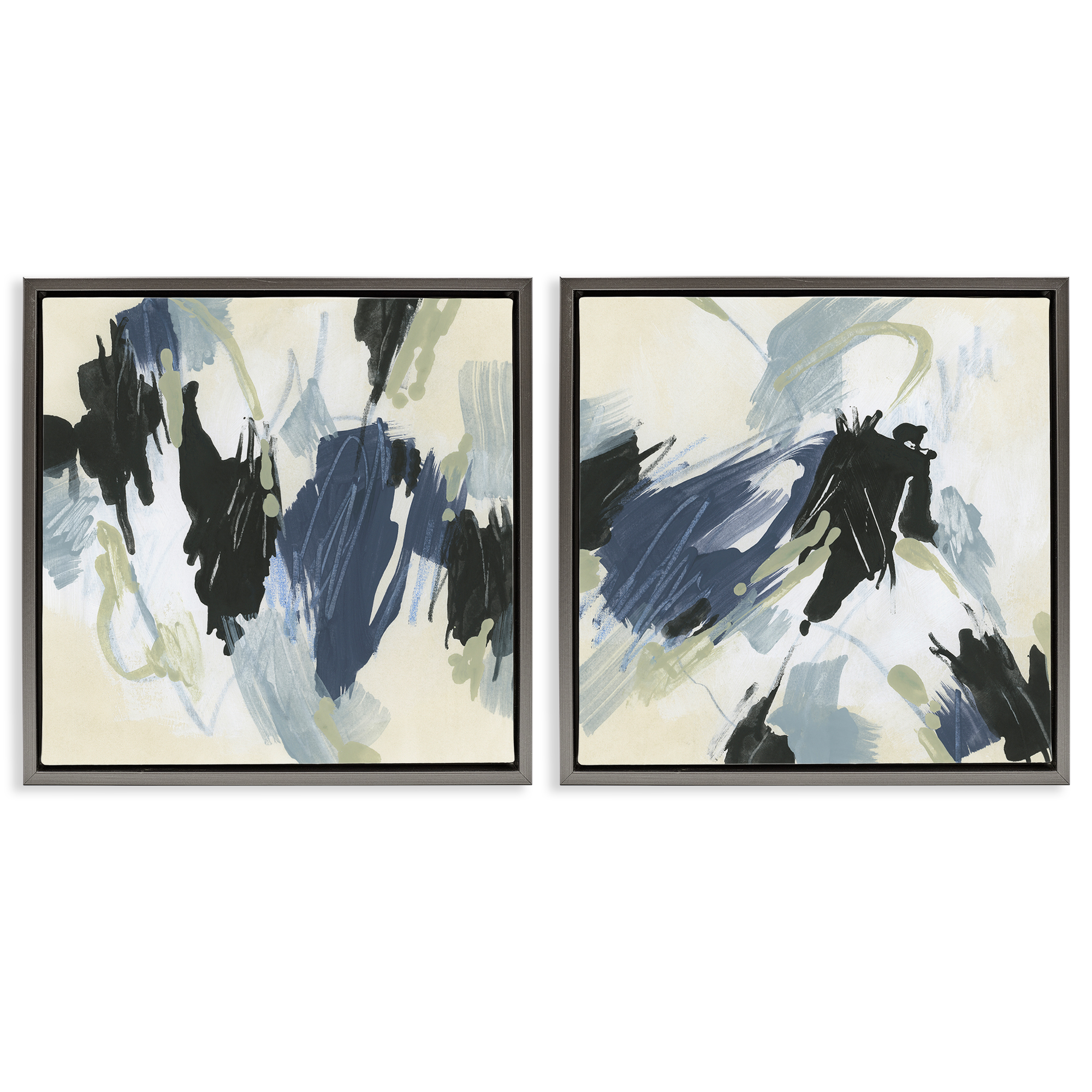 Stupell Industries Muted Blue Green Abstract Patches Abstract Painting Gray Floater Framed Canvas Art Print Wall Art, 18 x 18, Set of 2