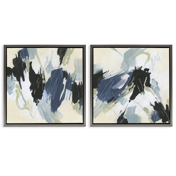 Stupell Industries Muted Blue Green Abstract Patches Abstract Painting Gray Floater Framed Canvas Art Print Wall Art, 18 x 18, Set of 2
