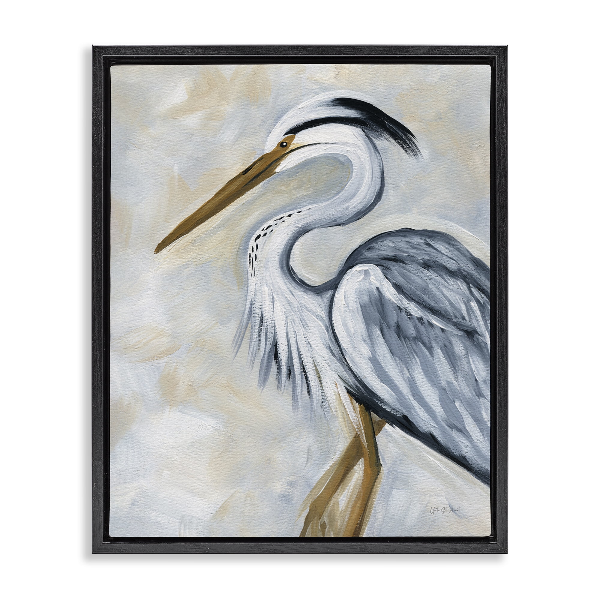 Stupell Industries Muted Blue Heron Animals & Insects Painting Black Floater Framed Canvas Art Print Wall Art, 17 x 21
