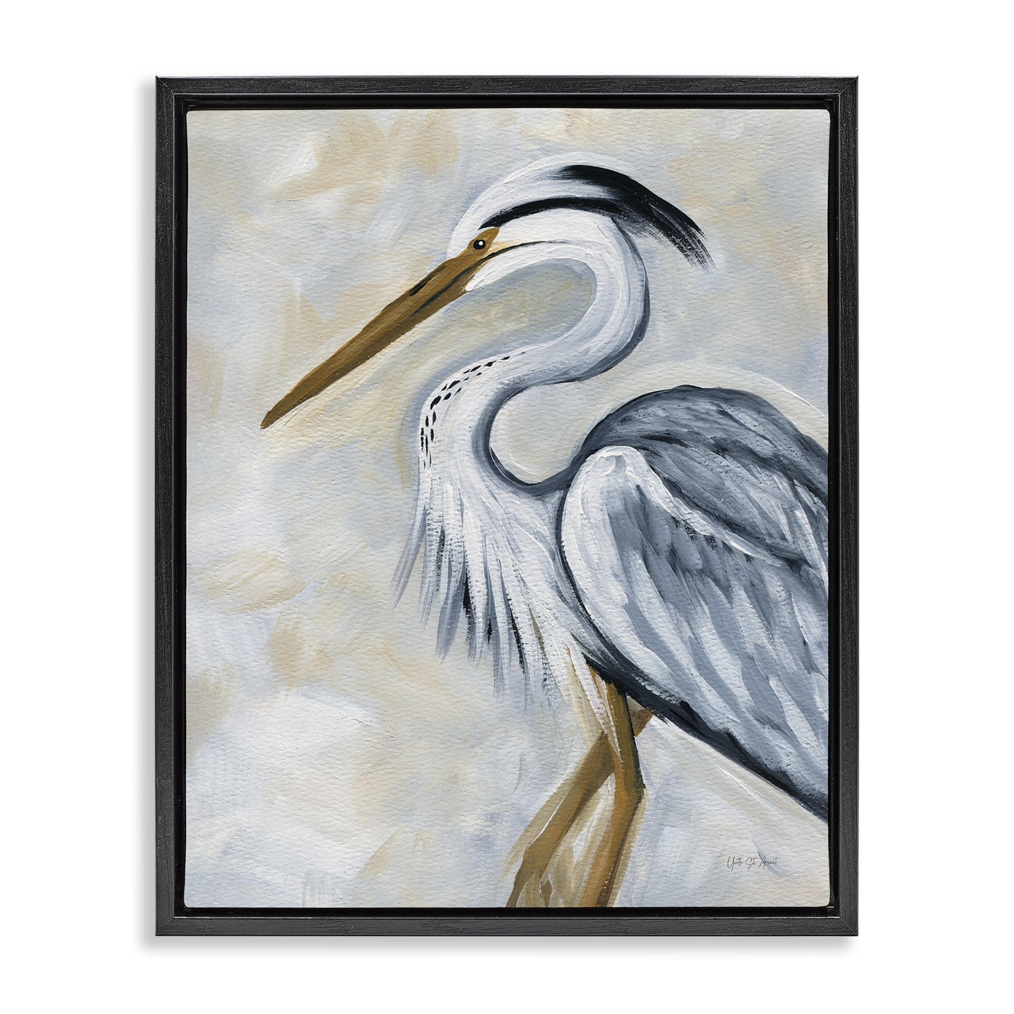 Stupell Industries Muted Blue Heron Animals & Insects Painting Black Floater Framed Canvas Art Print Wall Art, 25 x 31