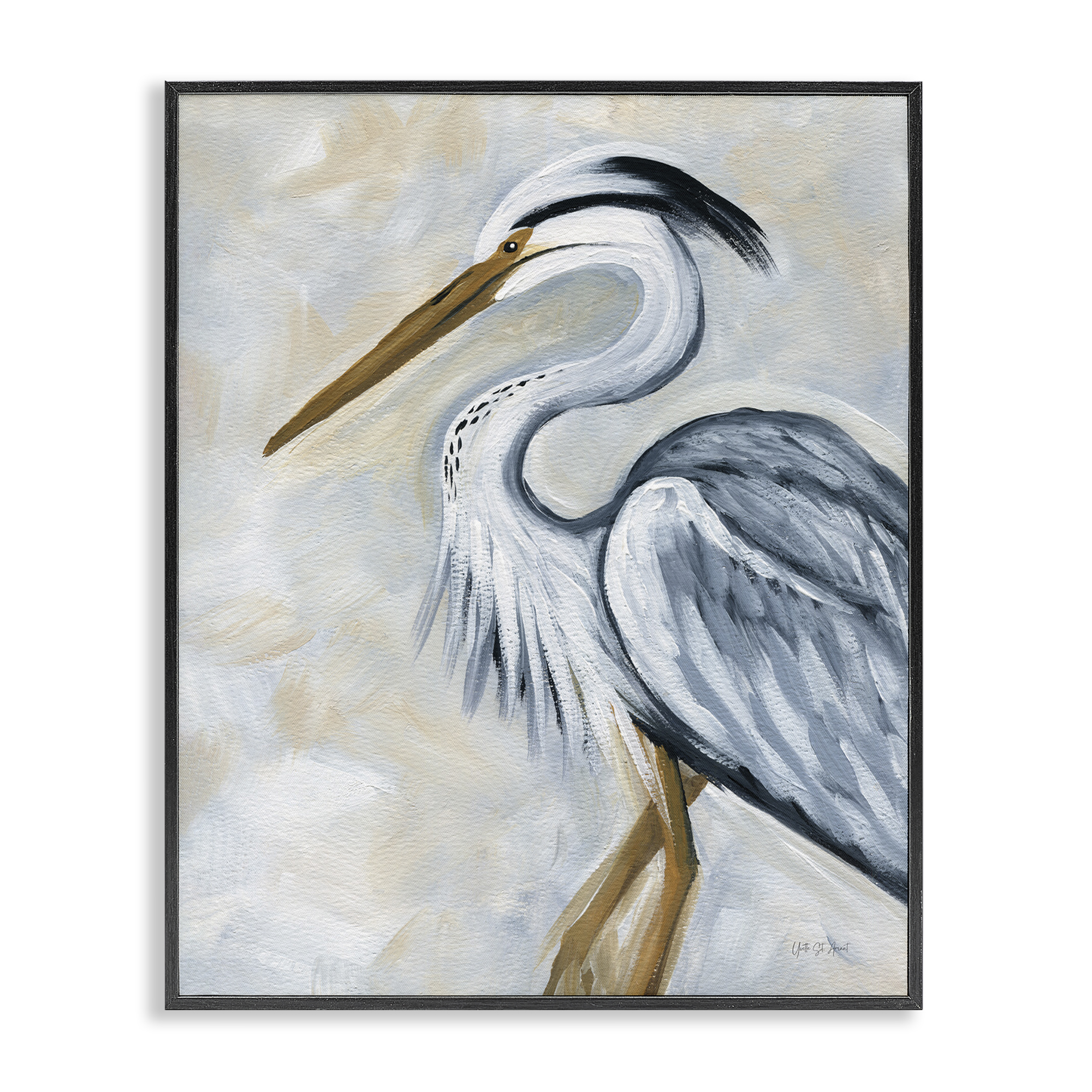 Stupell Industries Muted Blue Heron Animals & Insects Painting Black Framed Art Print Wall Art, 24 x 30