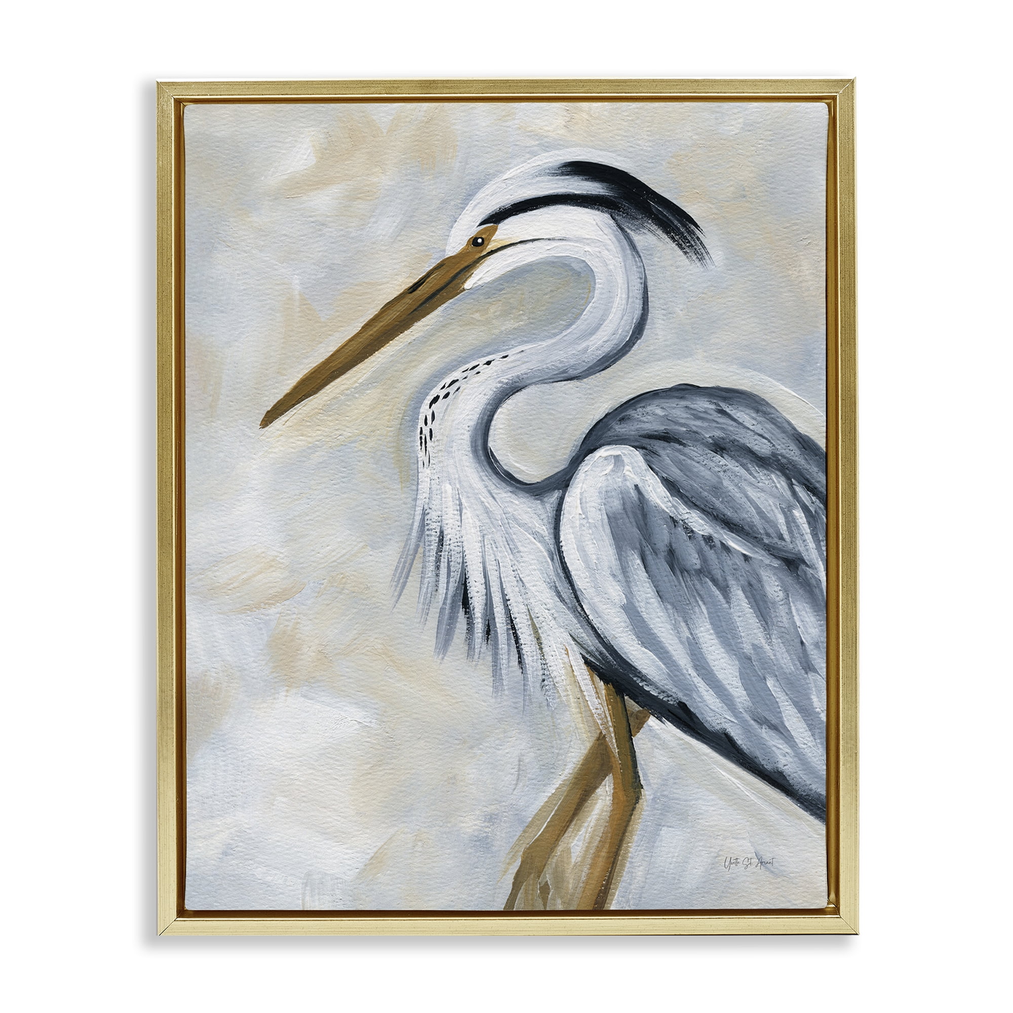 Stupell Industries Muted Blue Heron Animals & Insects Painting Gold Floater Framed Canvas Art Print Wall Art, 17 x 21