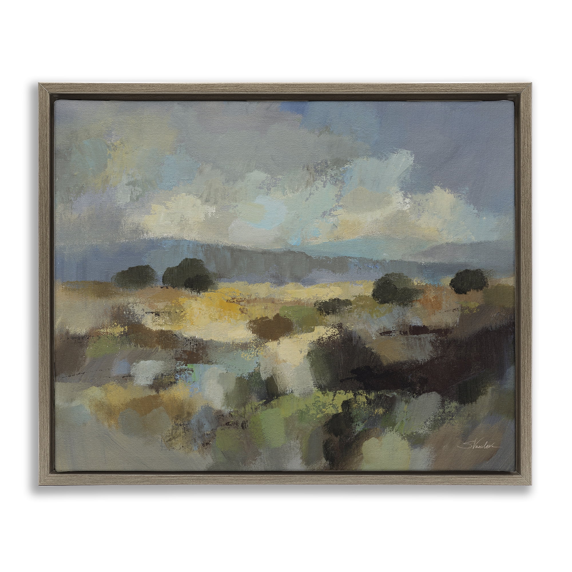 Stupell Industries Muted Blue Landscape with Clouds Brown Framed Floater Canvas Wall Art, design by Silvia Vassileva