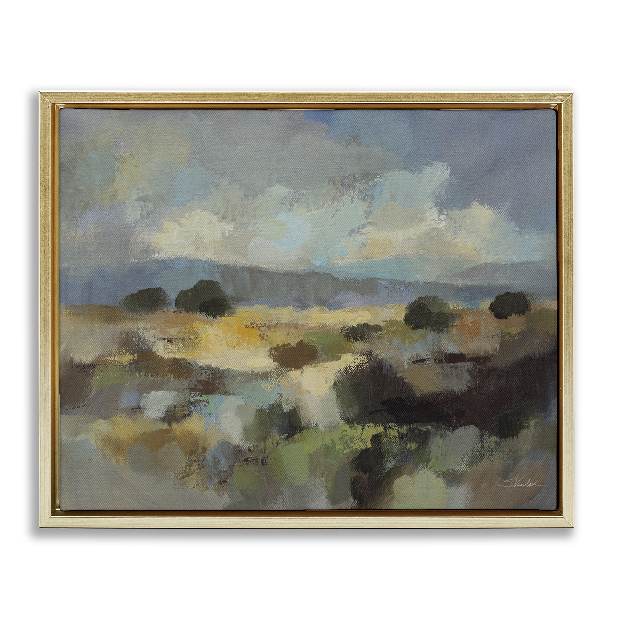 Stupell Industries Muted Blue Landscape with Clouds Gold Framed Floater Canvas Wall Art, design by Silvia Vassileva
