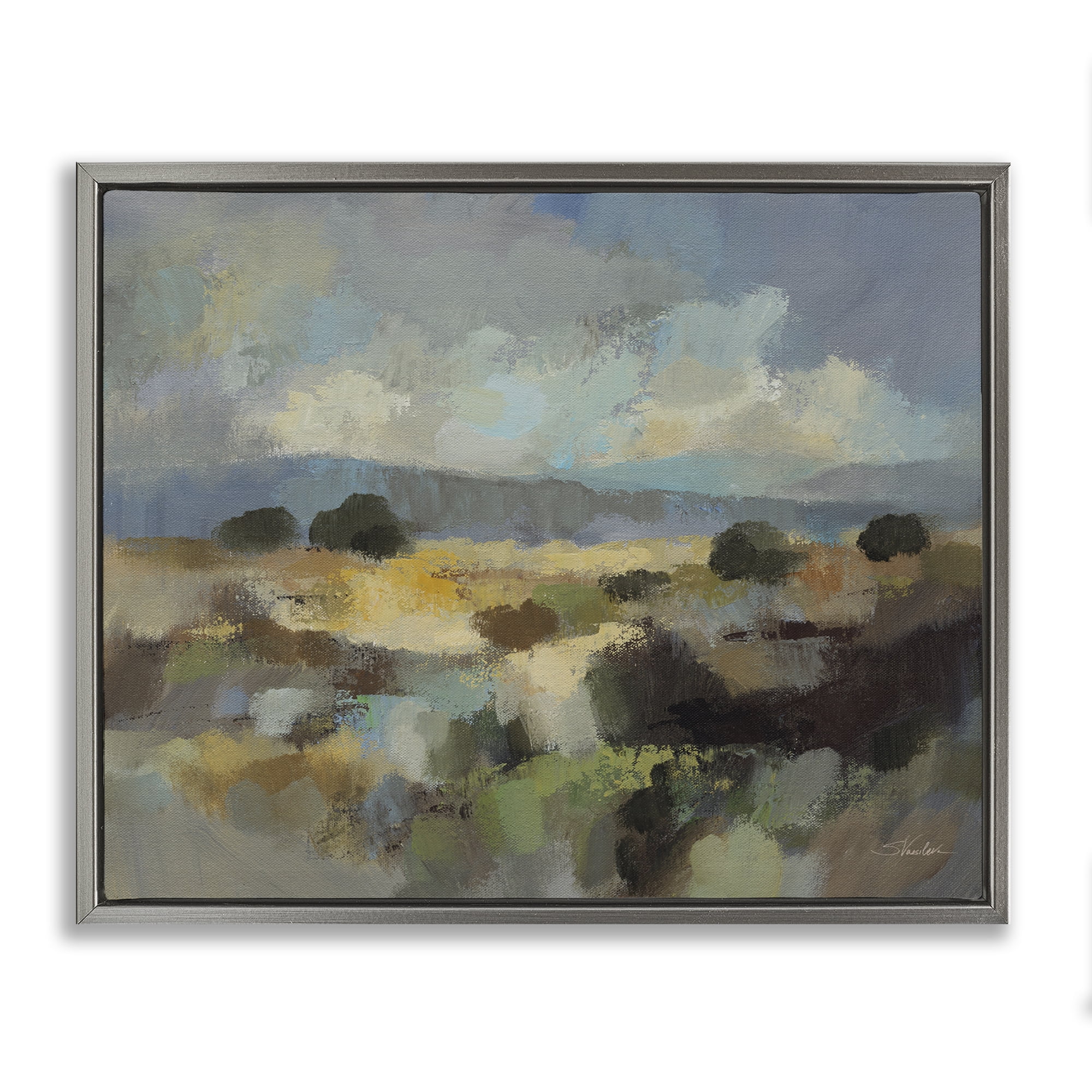 Stupell Industries Muted Blue Landscape with Clouds Gray Framed Floater Canvas Wall Art, design by Silvia Vassileva